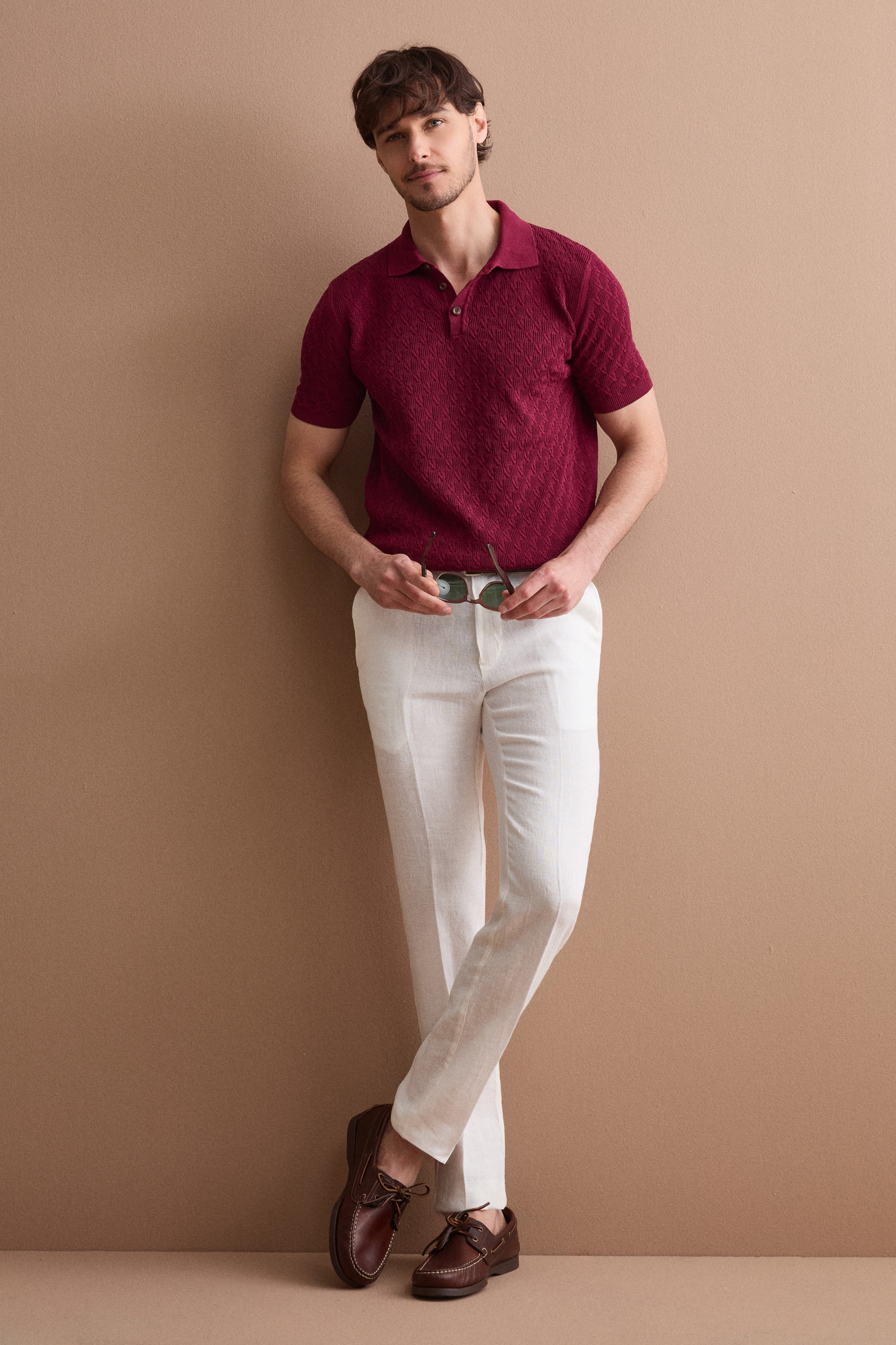 Textured cotton crêpe polo shirt - Burgundy