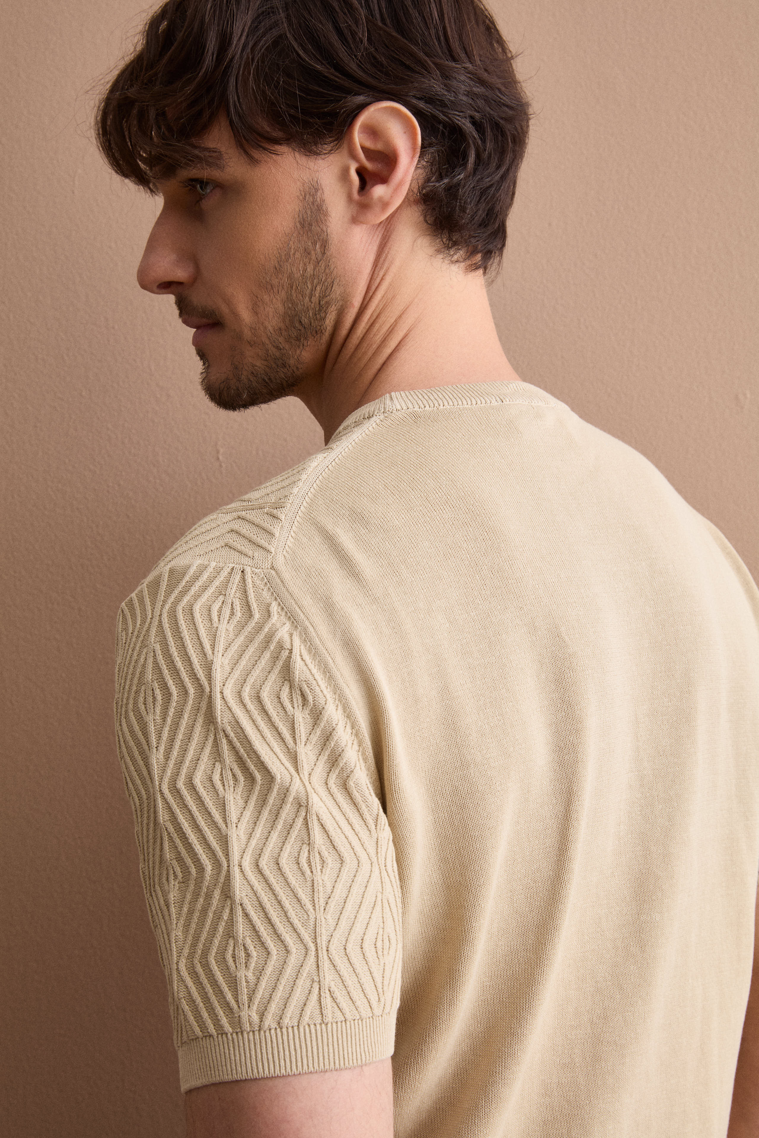 T-Shirt aus Baumwoll-Crêpe mit Rautenstruktur - Sandbraun