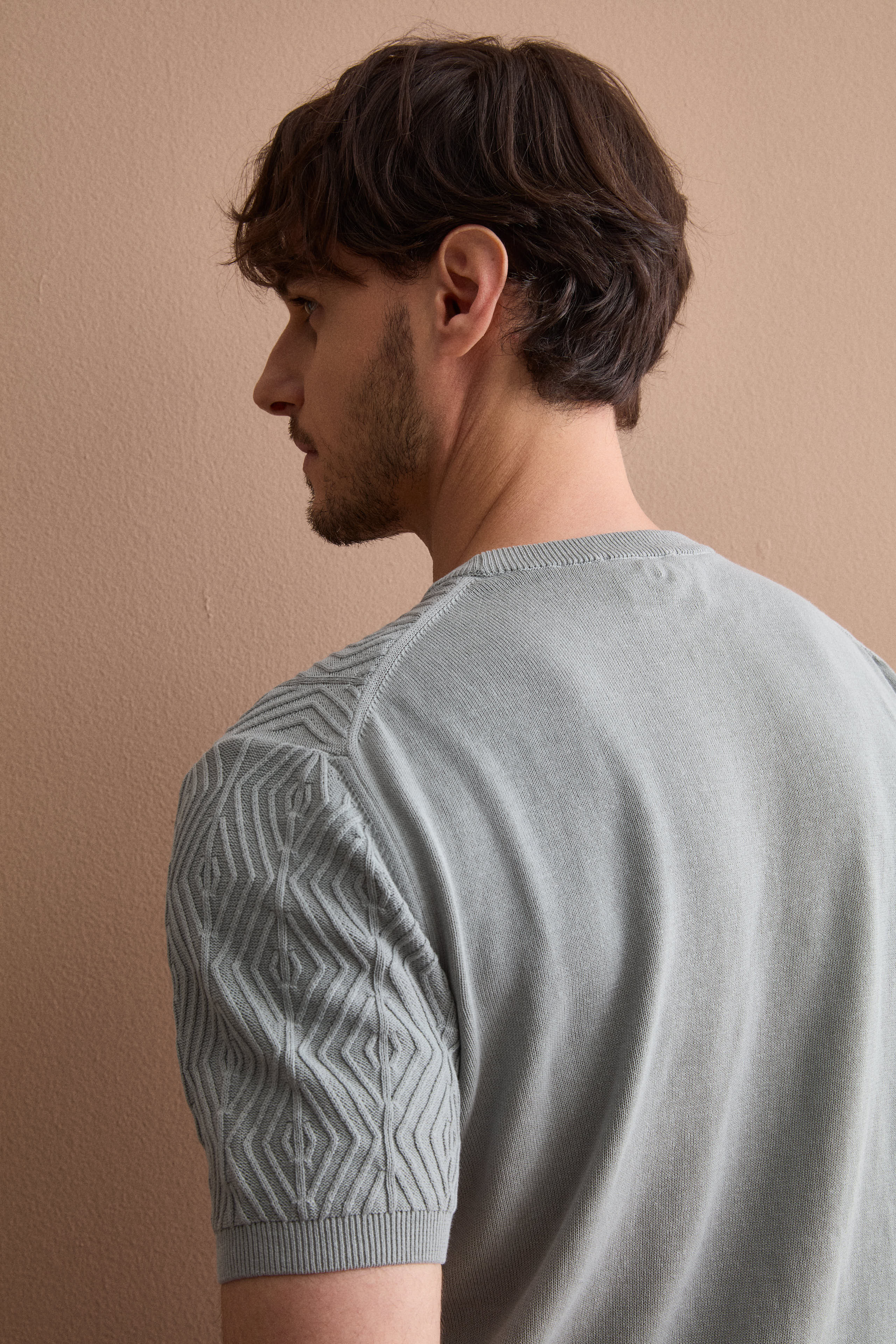 Diamond Pattern Cotton Crêpe T-Shirt - Light grey