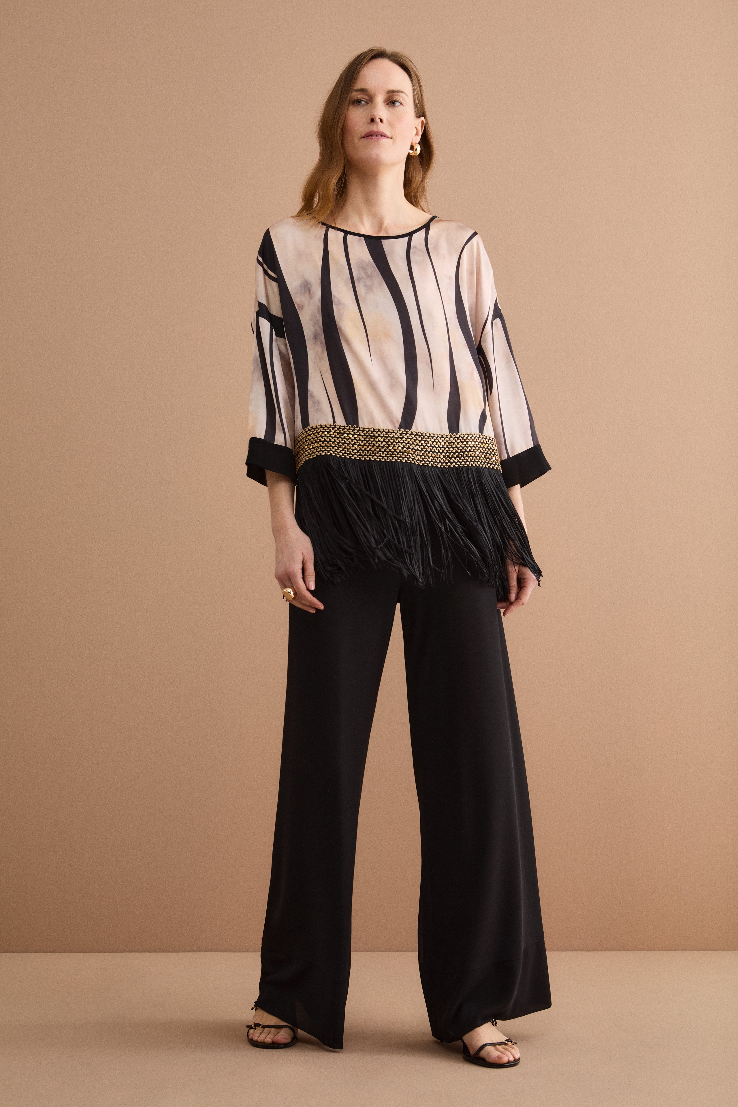 Blouse en jacquard à motif avec passementerie et franges - MOTIF OR