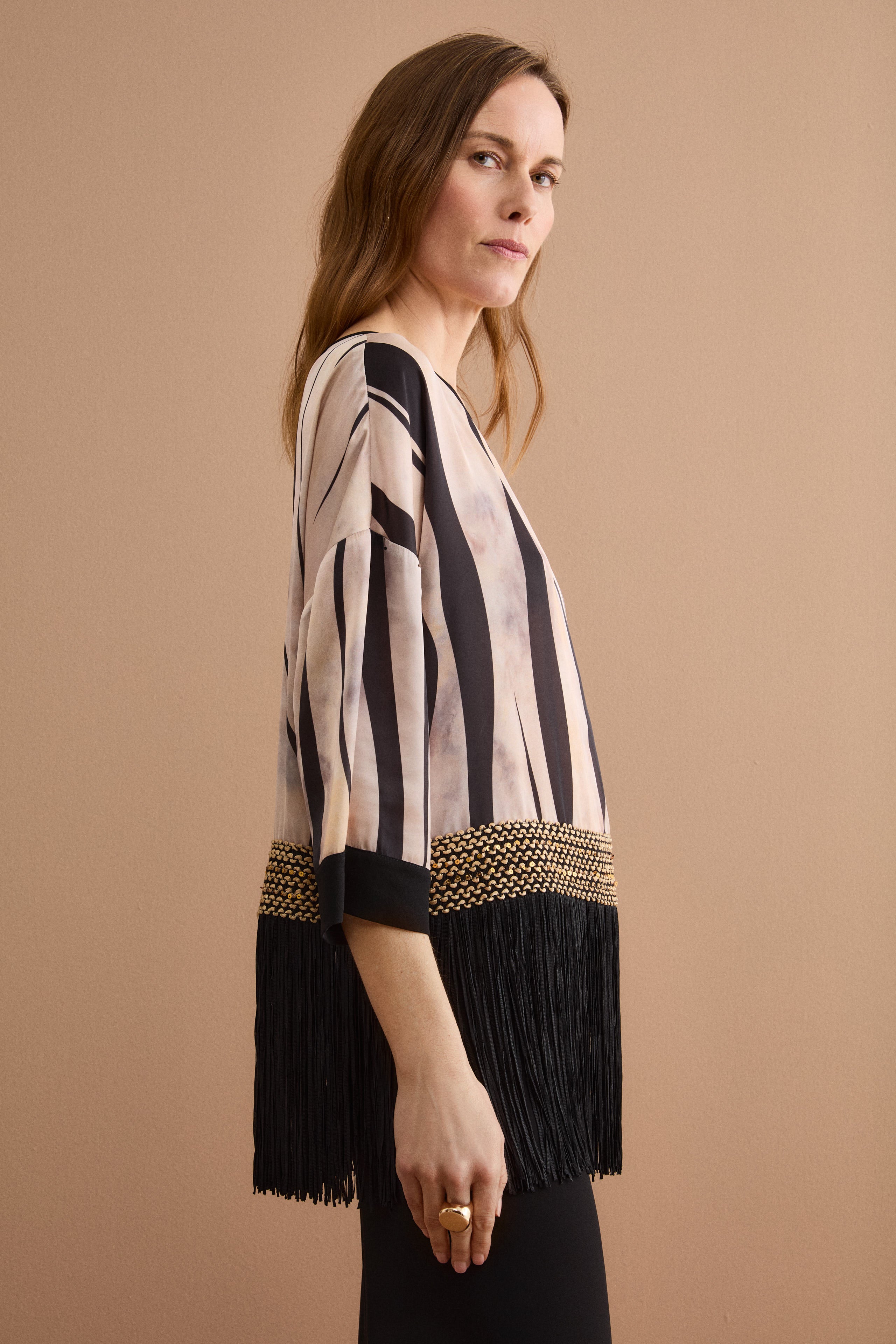 Blouse en jacquard à motif avec passementerie et franges - MOTIF OR