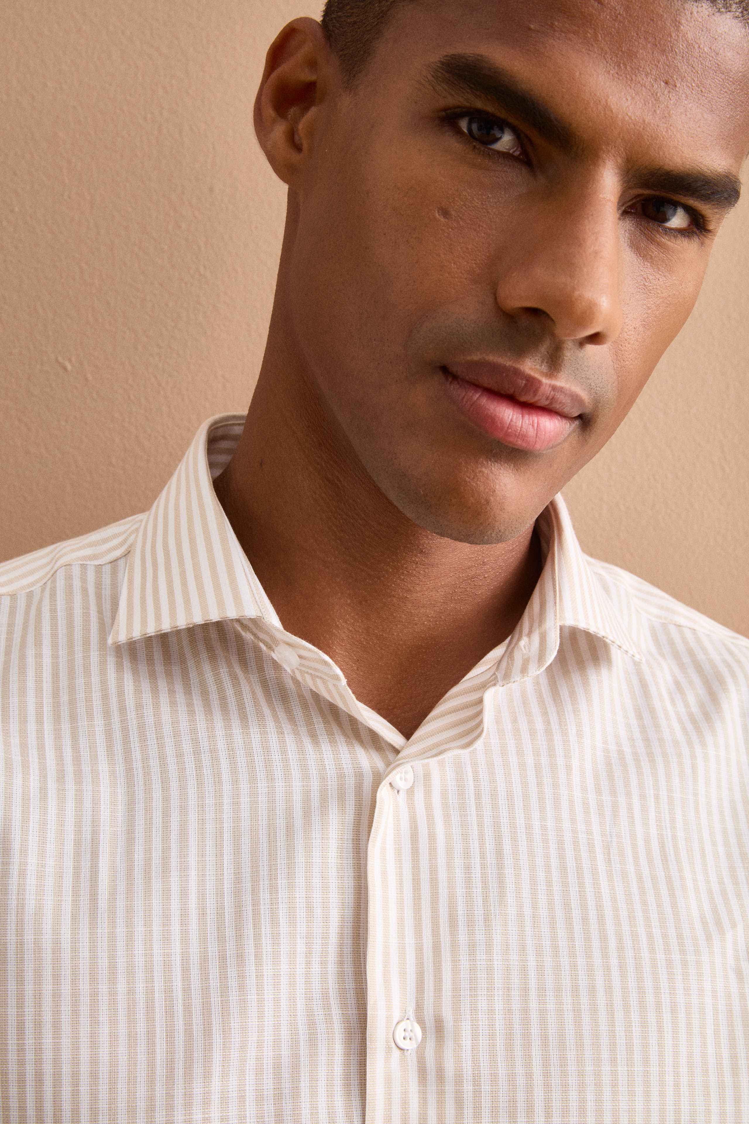 Camicia Dobby Custom Fit a Righe in Cotone - BEIGE RIGATO