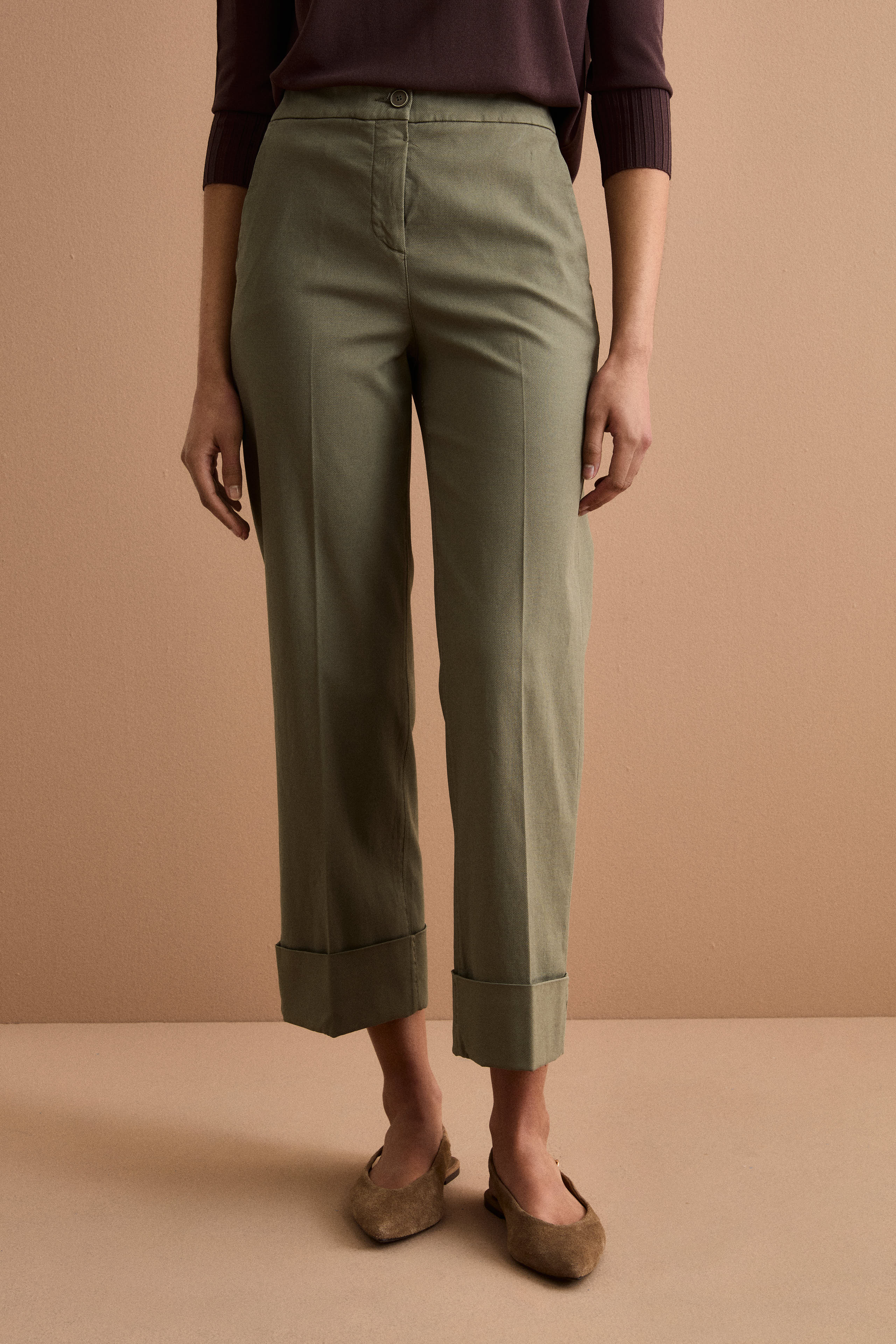 Straight-Leg-Hose mit Aufschlag aus Baumwollmischung-Piqué - KAKI