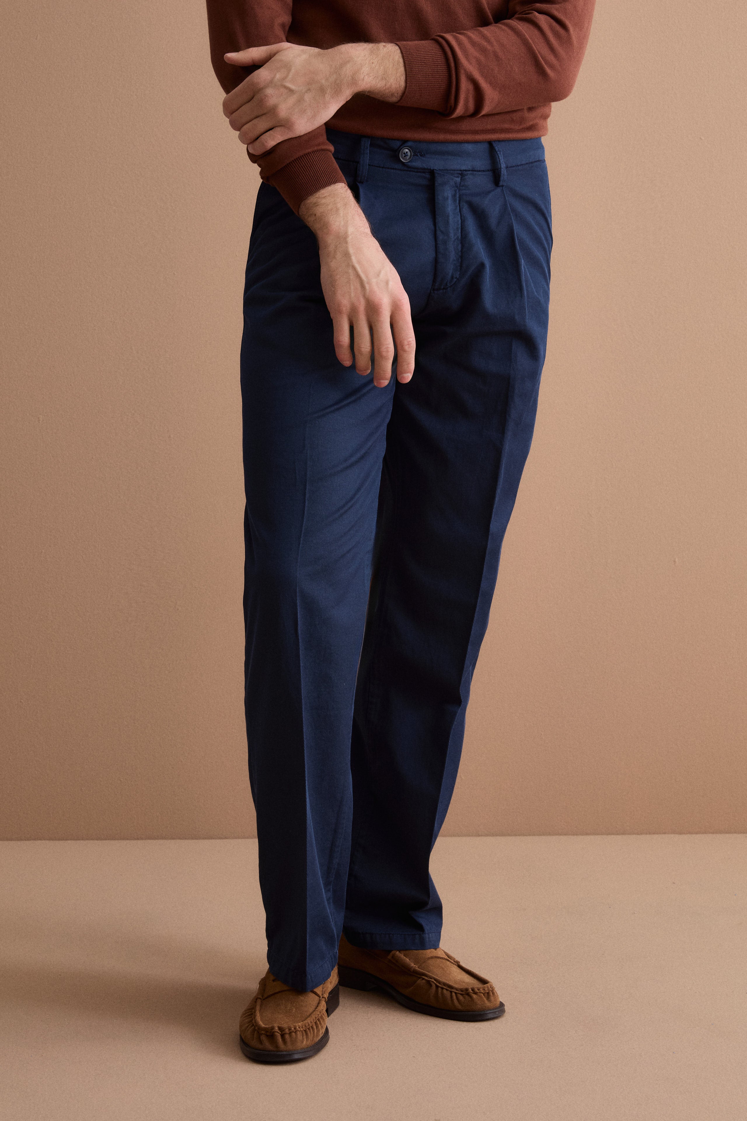 Pantalon Wide Fit en Mélange de Lin avec Pinces - BLEU