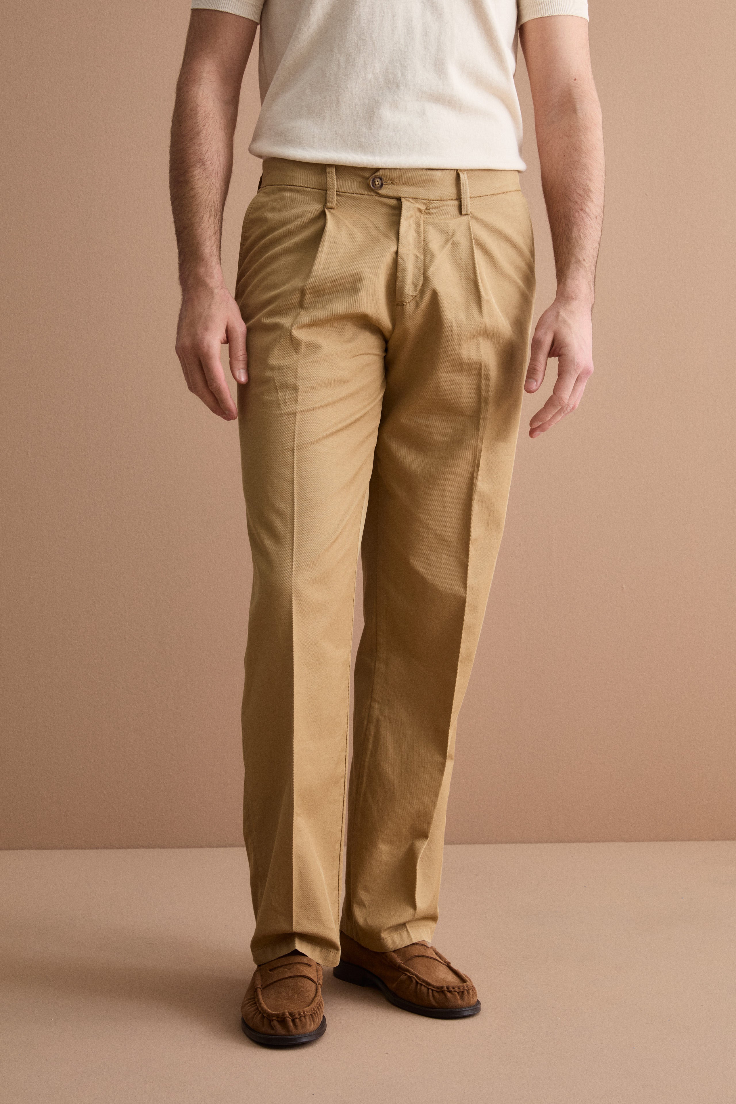 Pantalon Wide Fit en Mélange de Lin avec Pinces - Marron clair