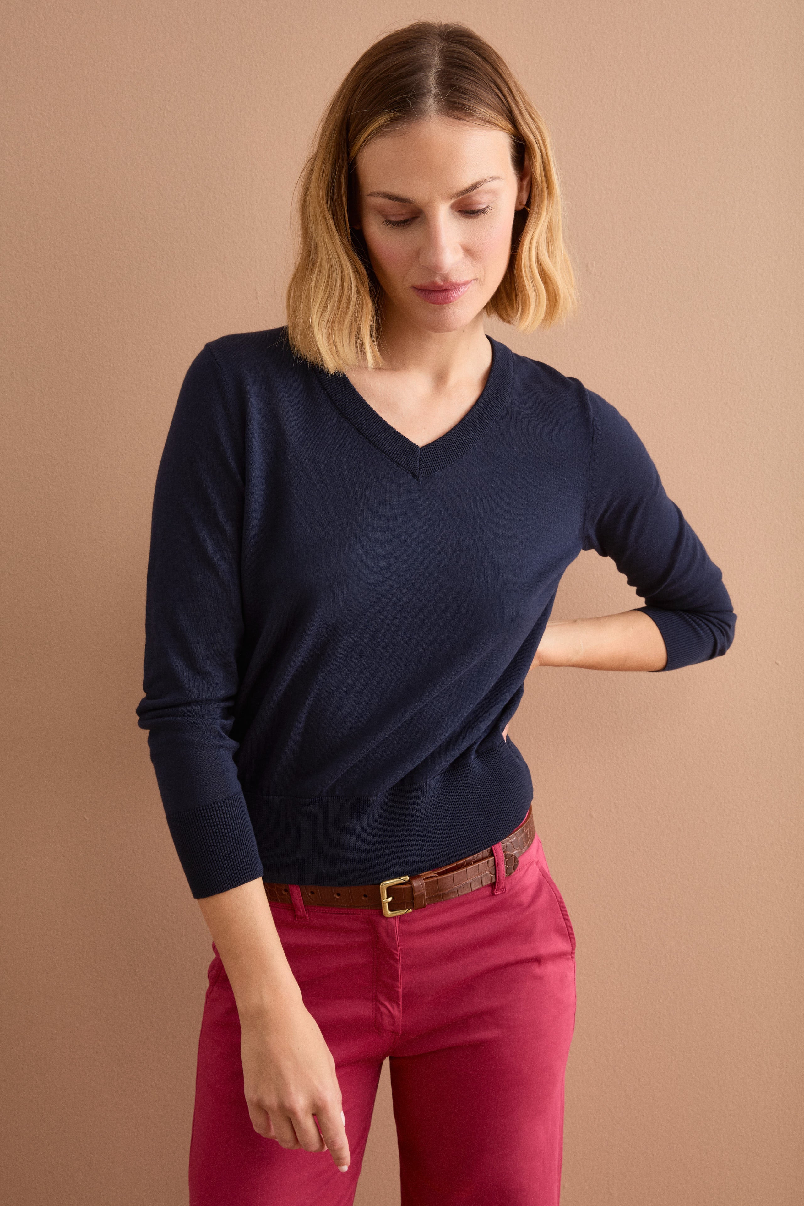 Boxy-Baumwollpullover mit V-Ausschnitt - BLAU