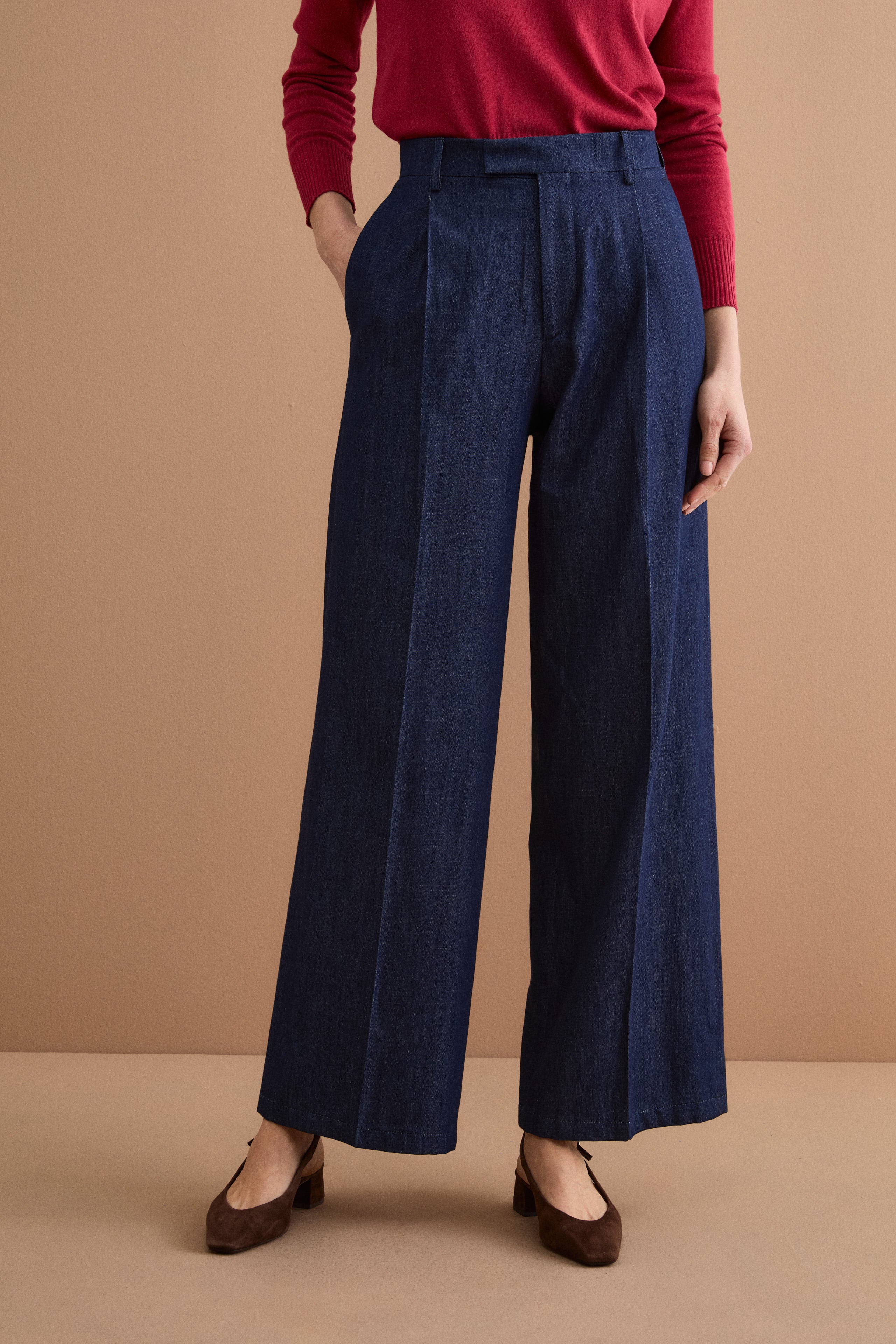 Pantalon large en denim avec pinces - DENIM
