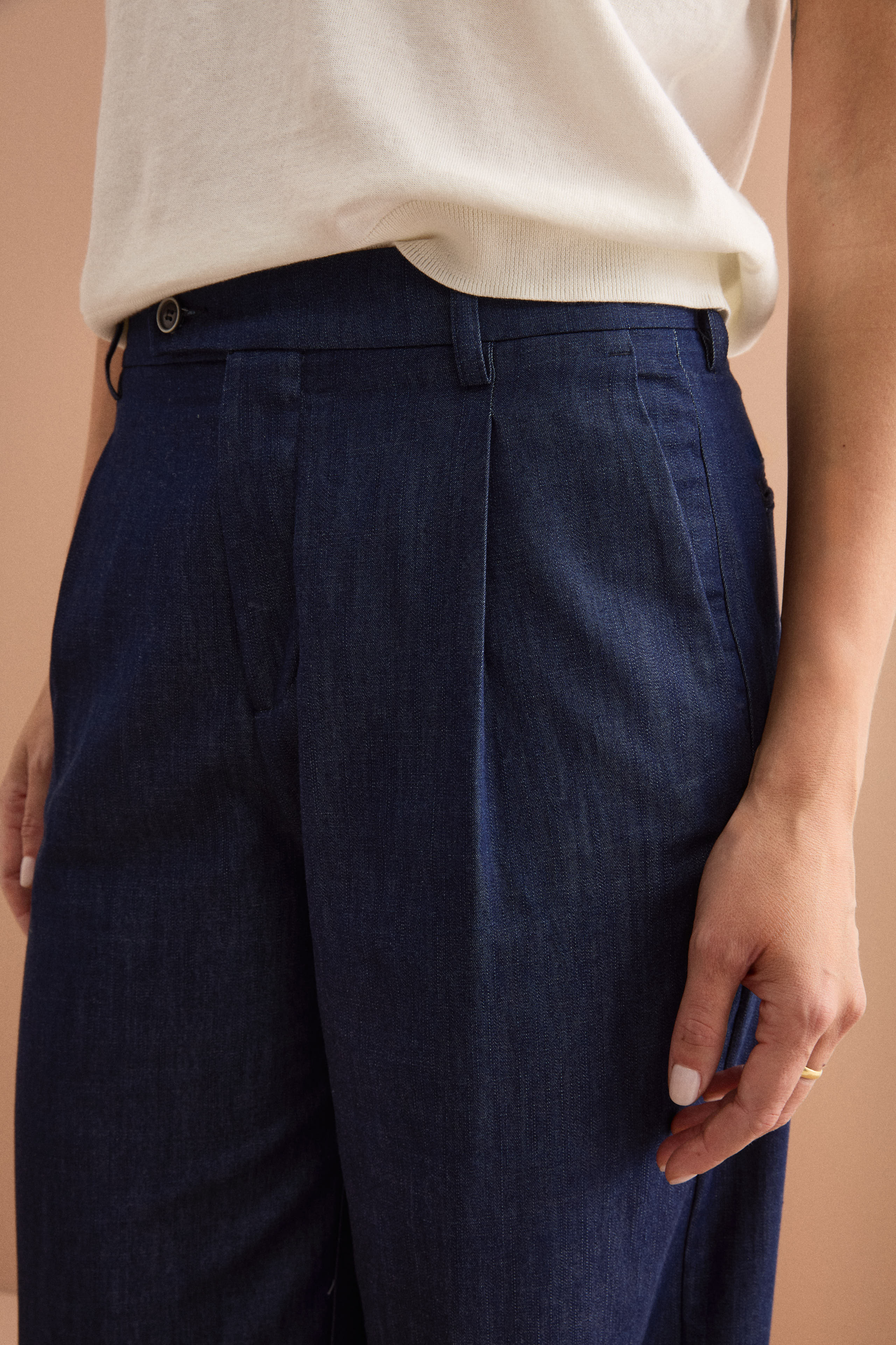 Wide Denim Trousers with Pleats - DENIM