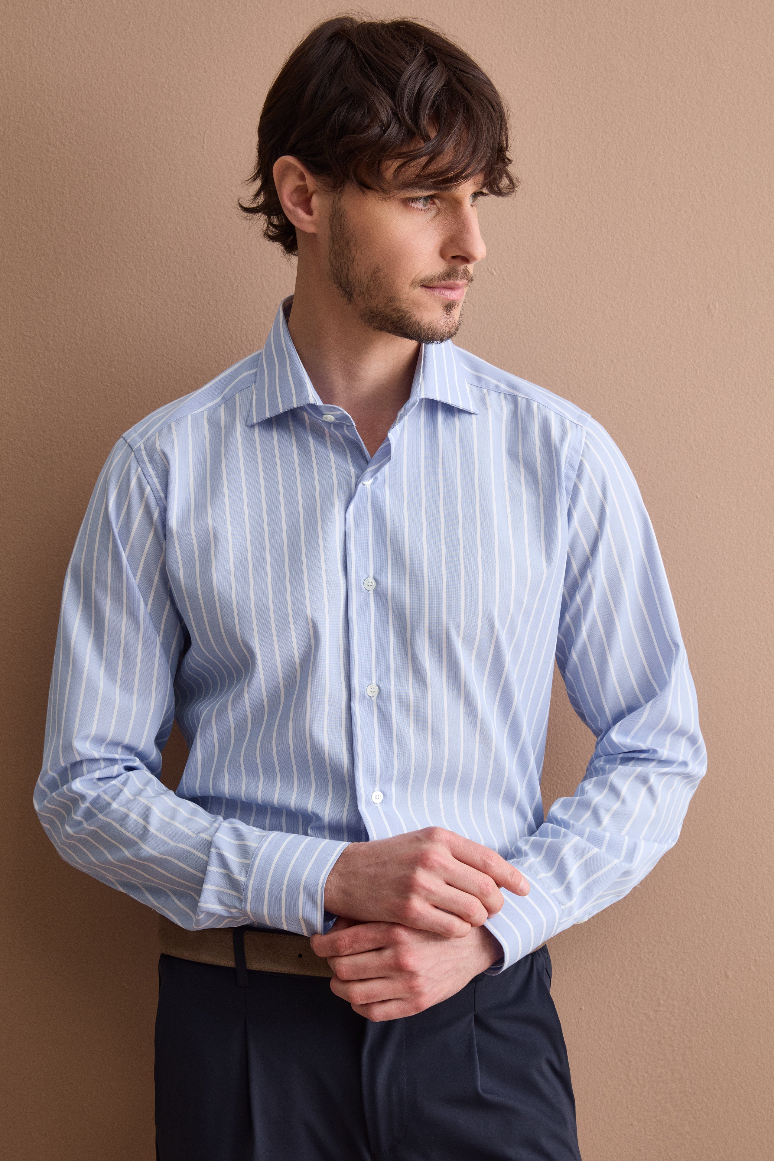 Slim-fit striped shirt in two-ply cotton - Light blue stripe