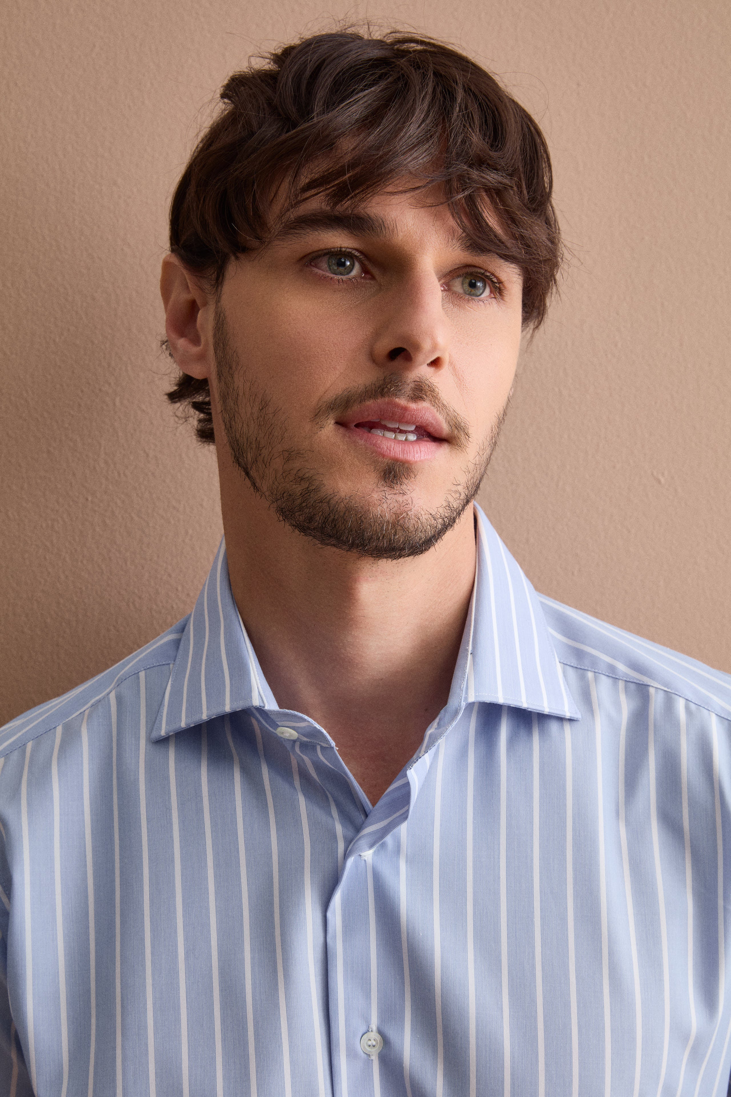 Slim-fit striped shirt in two-ply cotton - Light blue stripe