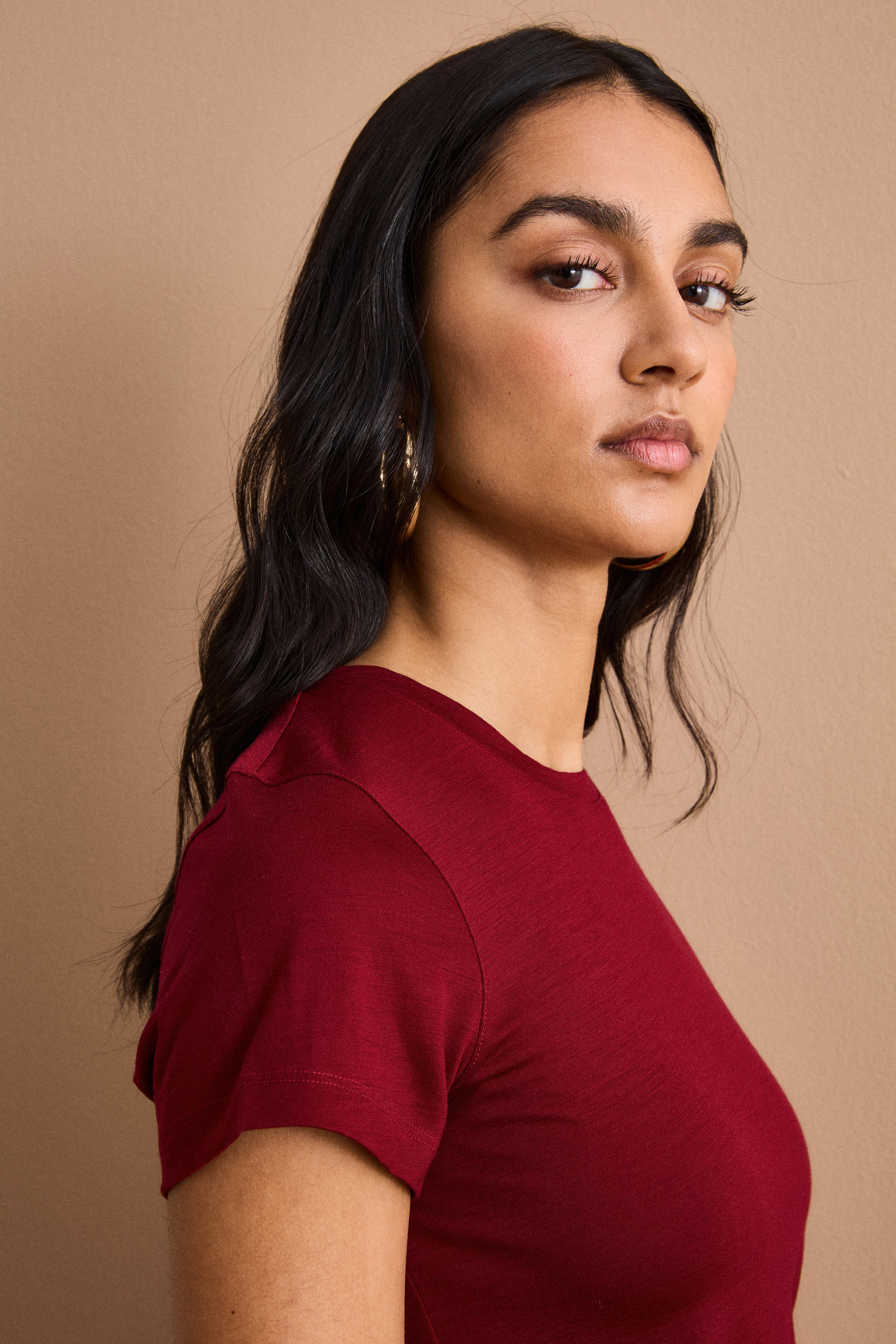 T-Shirt mit Rundhalsausschnitt aus Merinowolle - Burgundisch