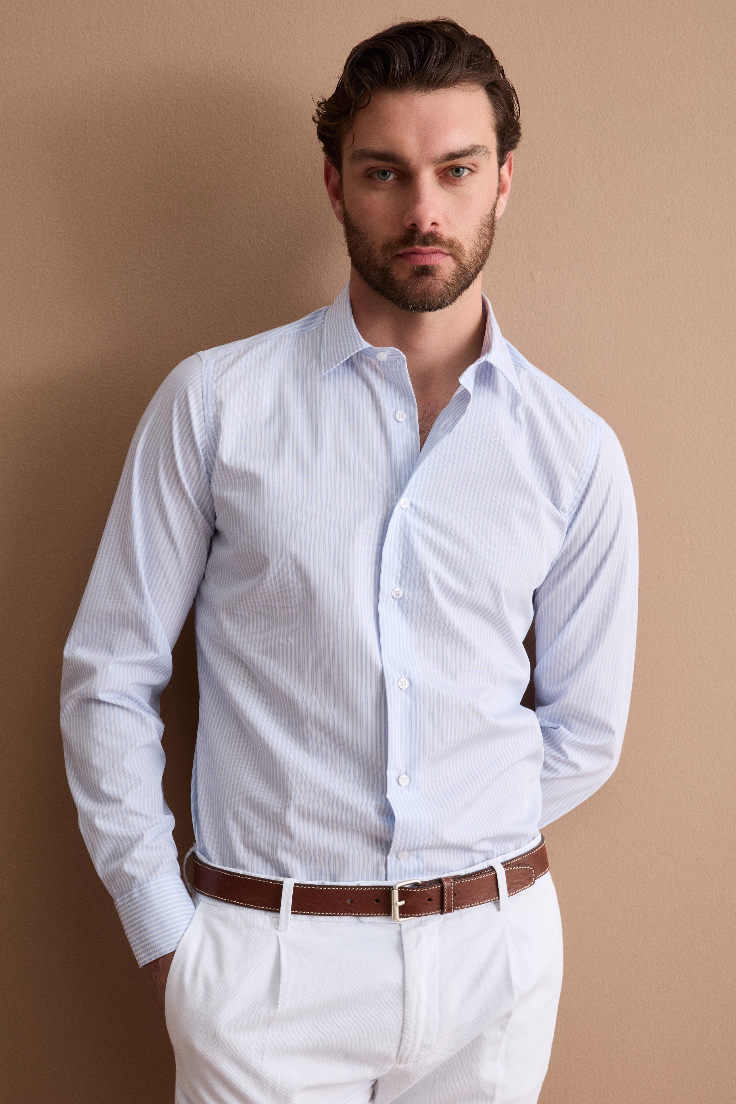 Chemise Slim Fit en Coton Sans Repassage Rayée - -