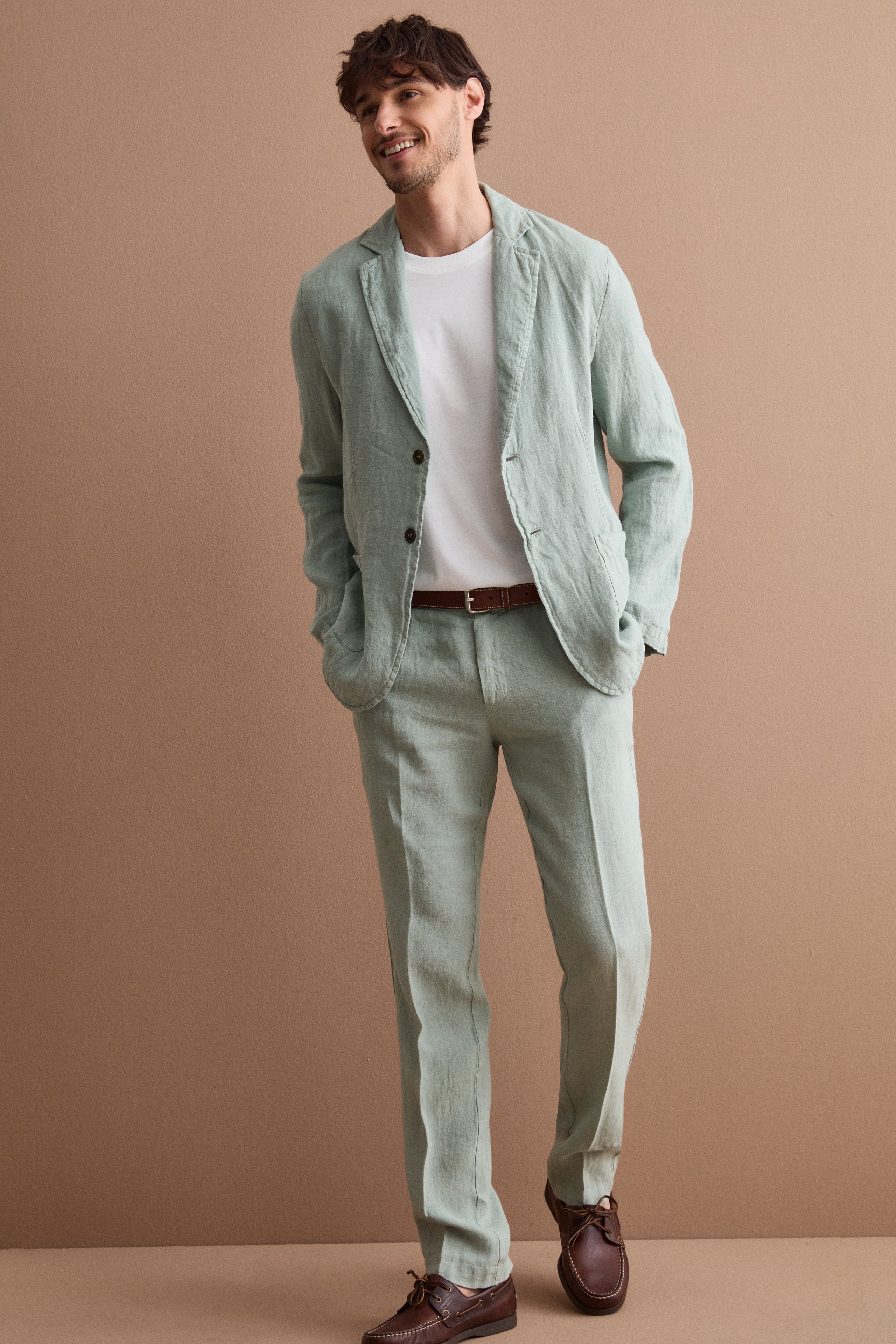 Regular-fit cigarette-leg linen trousers - GREEN