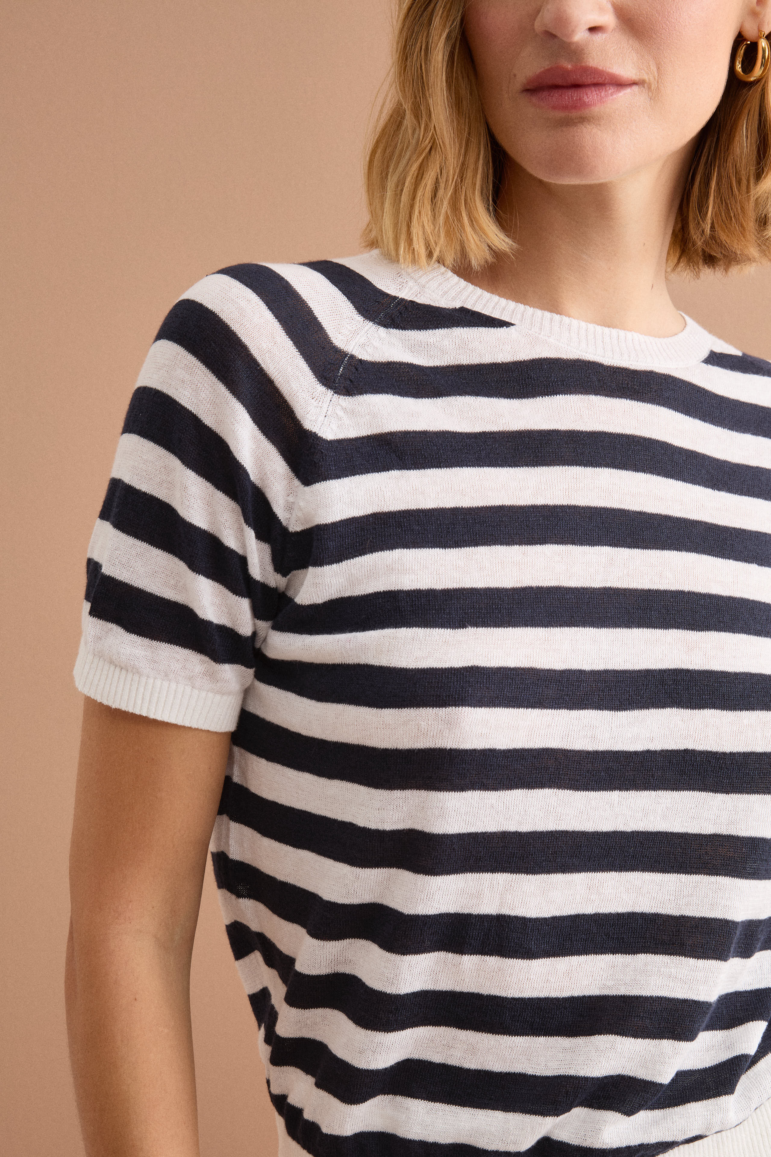Cropped T-Shirt mit Streifen aus Leinen und Baumwolle - Weiß-Blau