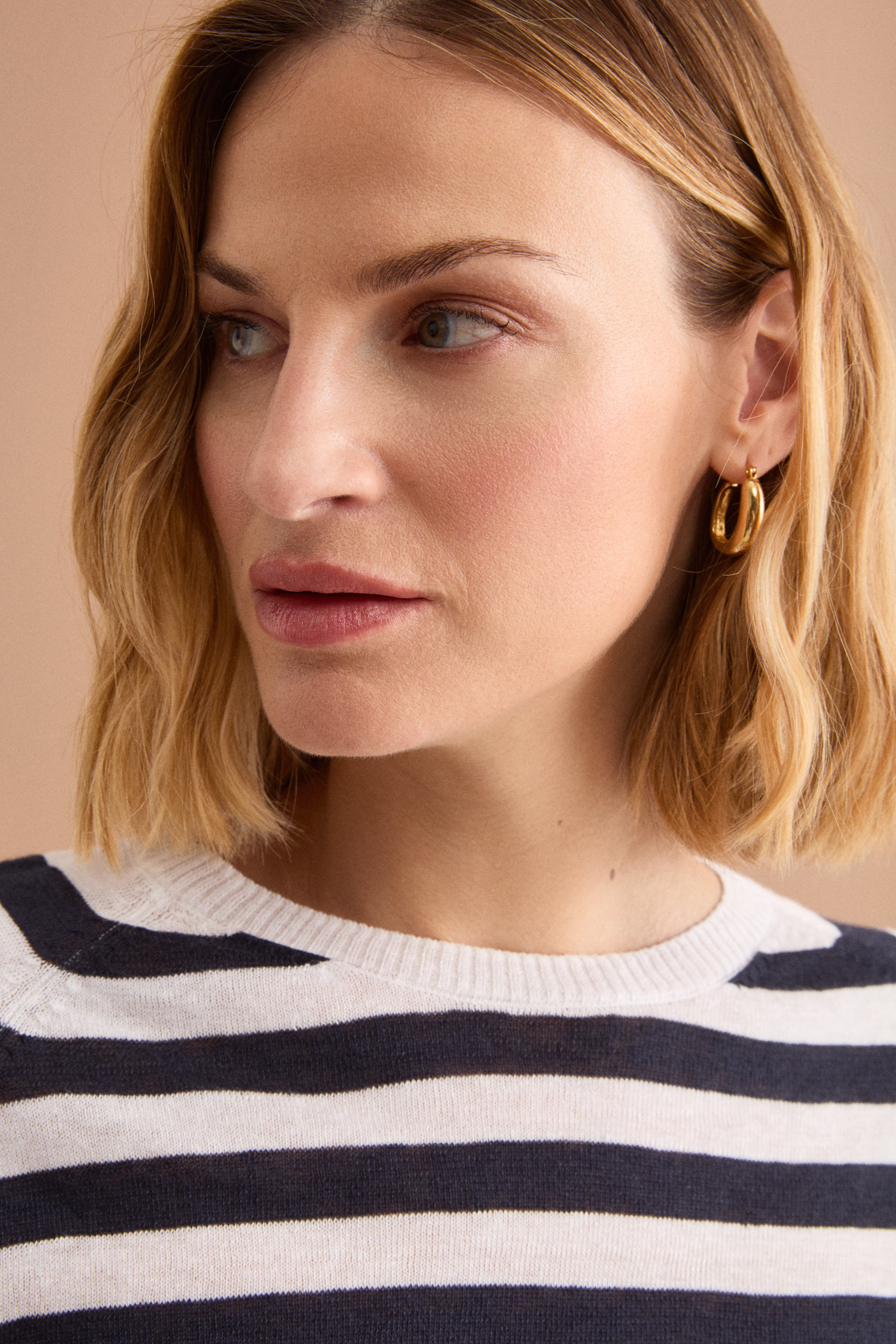 Cropped T-Shirt mit Streifen aus Leinen und Baumwolle - Weiß-Blau