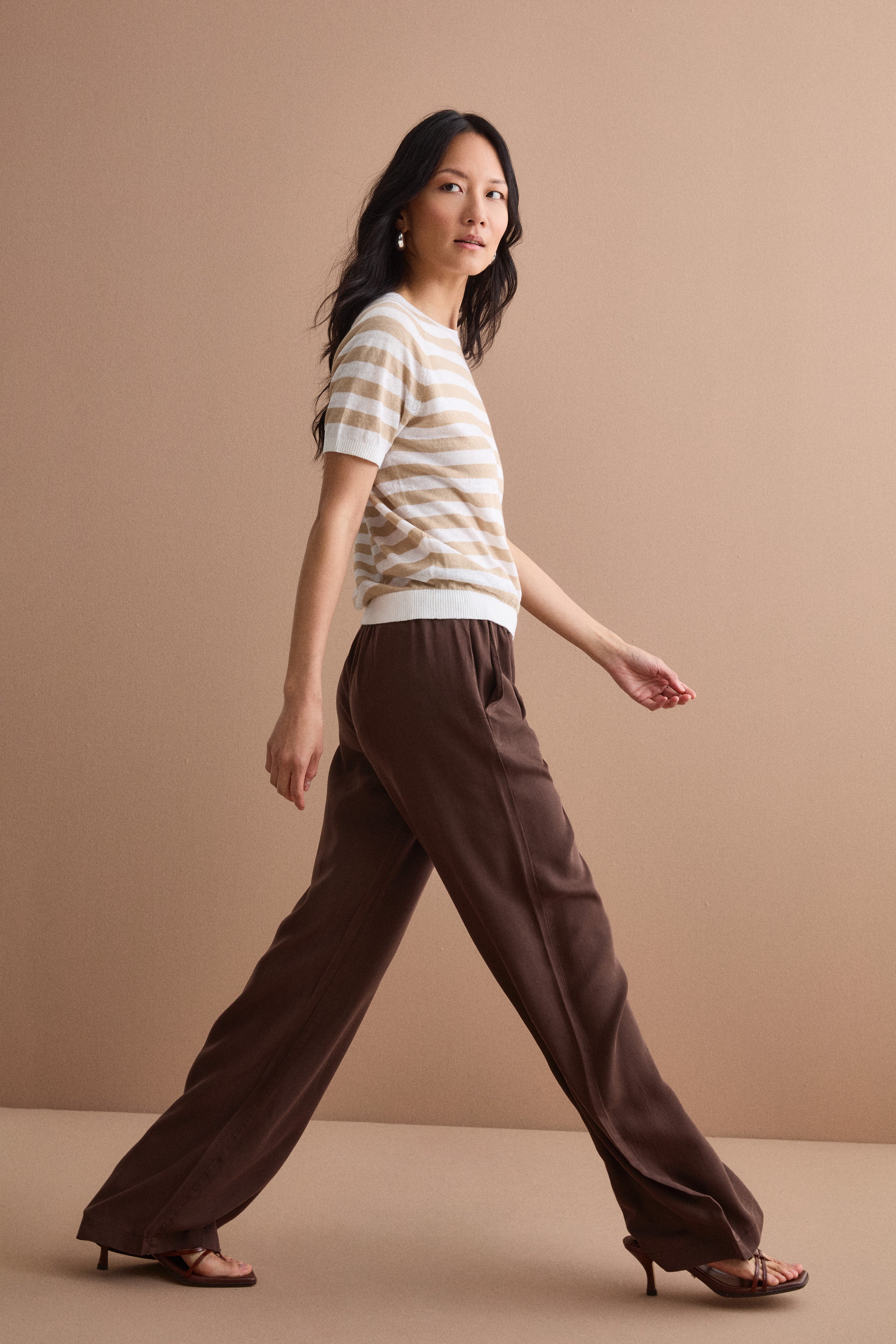Cropped T-Shirt mit Streifen aus Leinen und Baumwolle - Weiß-Beige