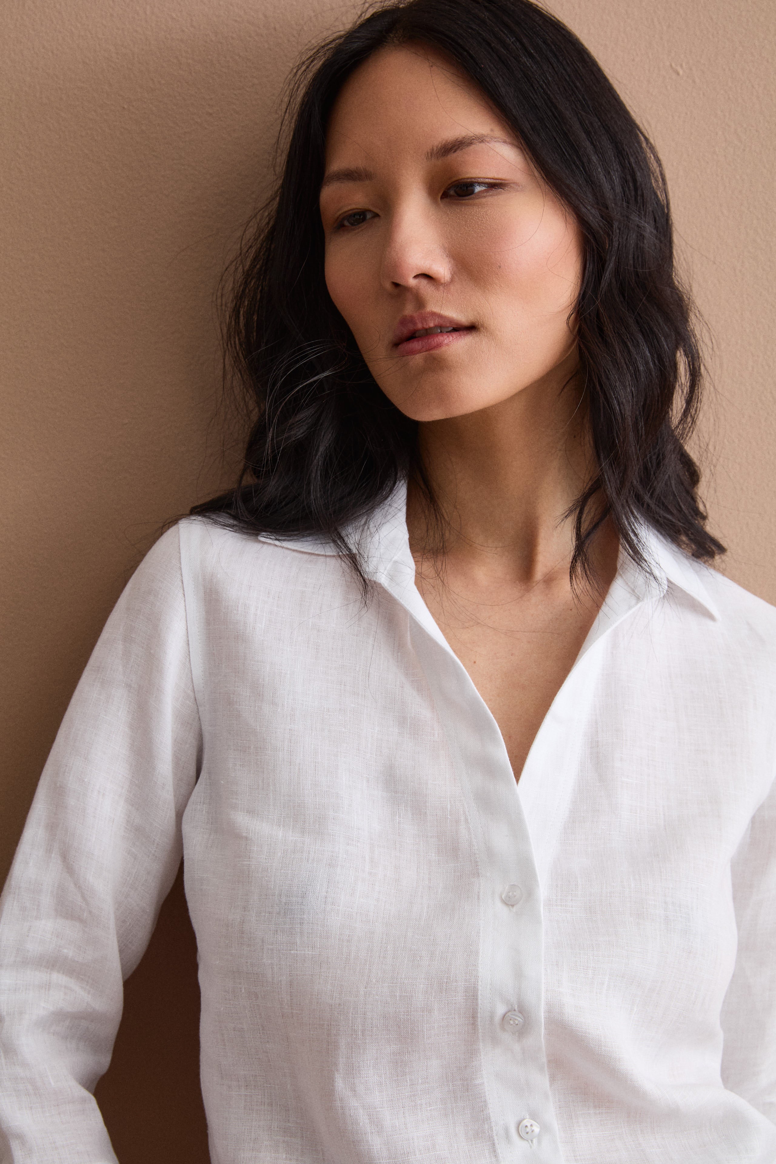 Oversized Linen Shirt with Open Neckline - WHITE