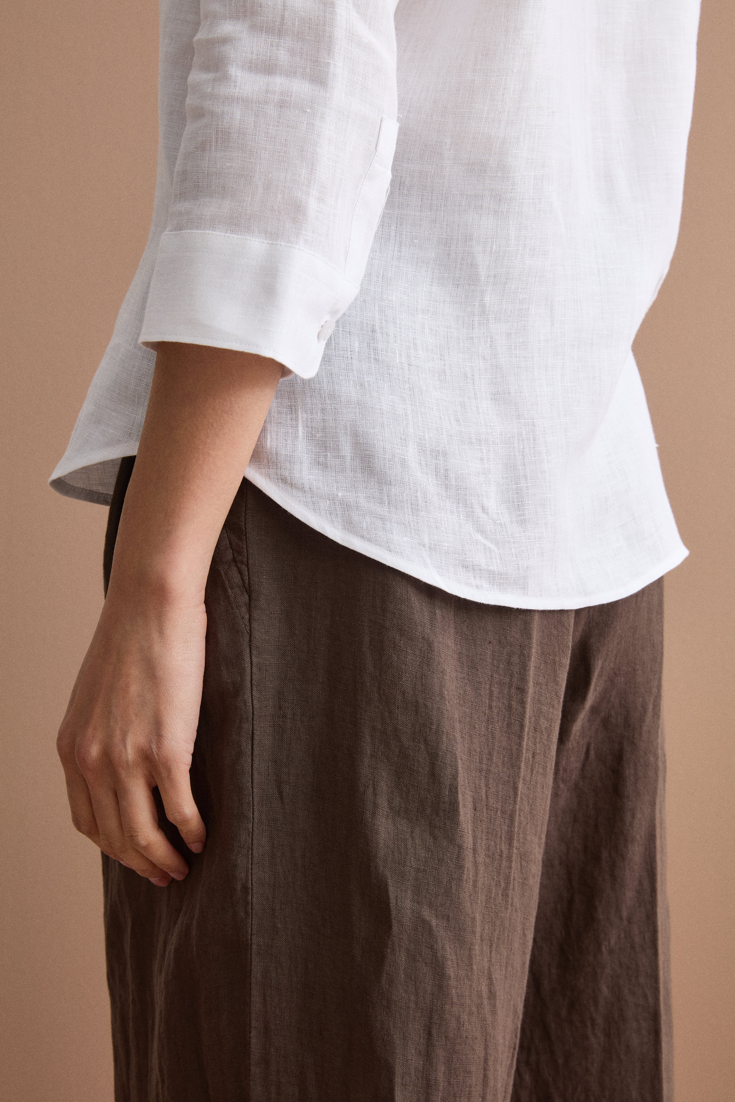 Oversized Linen Shirt with Open Neckline - WHITE