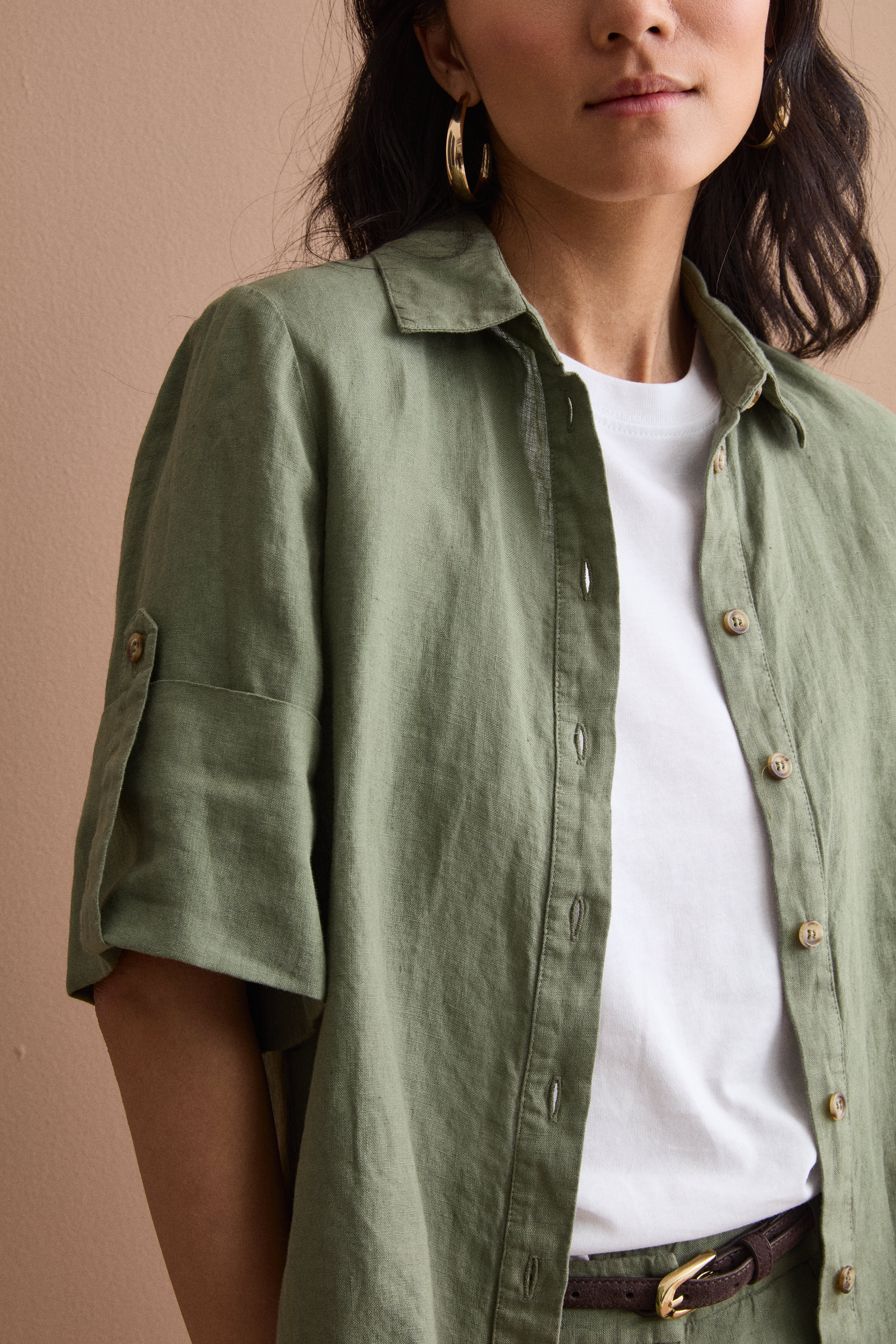 Camicia Over Cropped in Lino - VERDE MILITARE