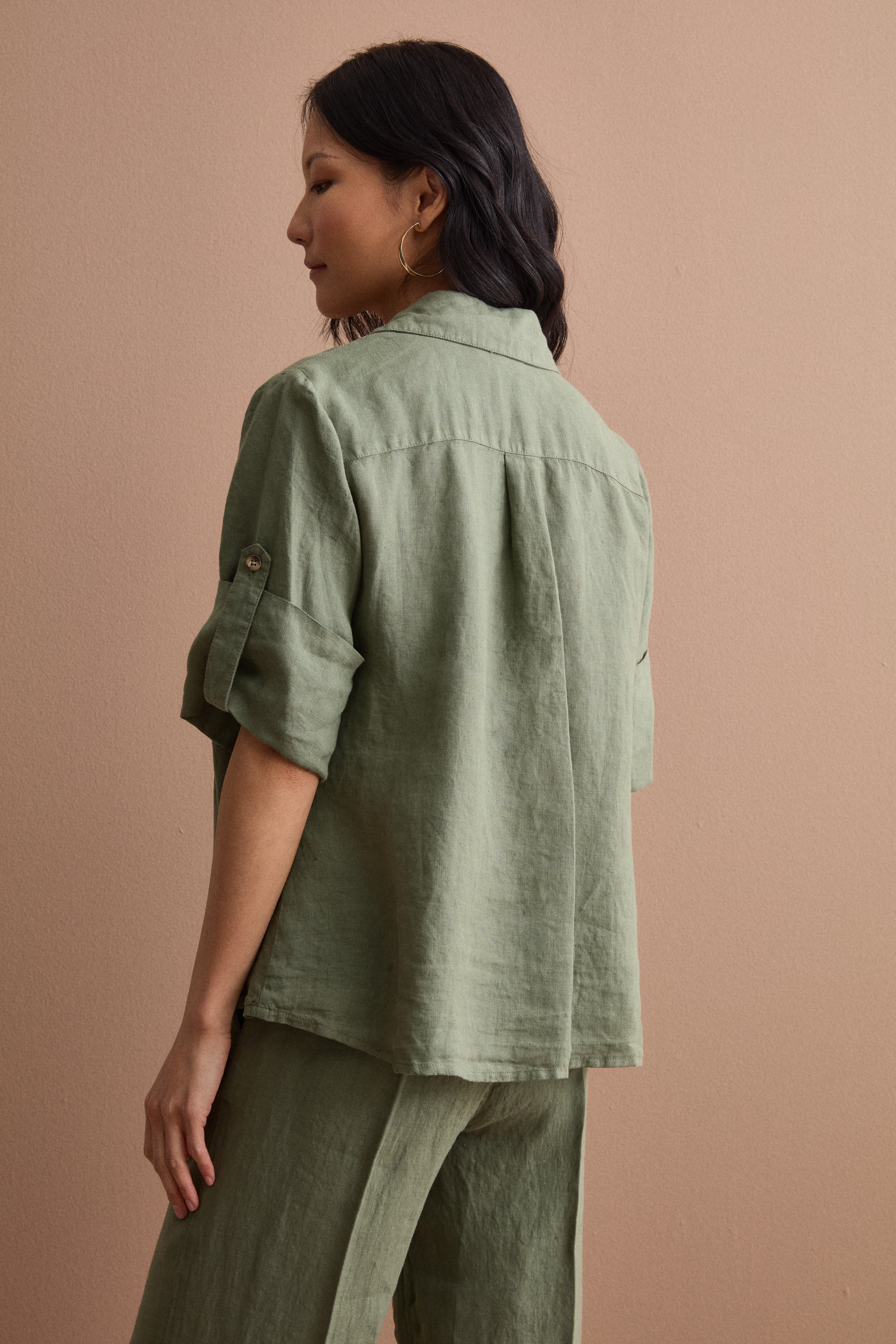 Camicia Over Cropped in Lino - VERDE MILITARE
