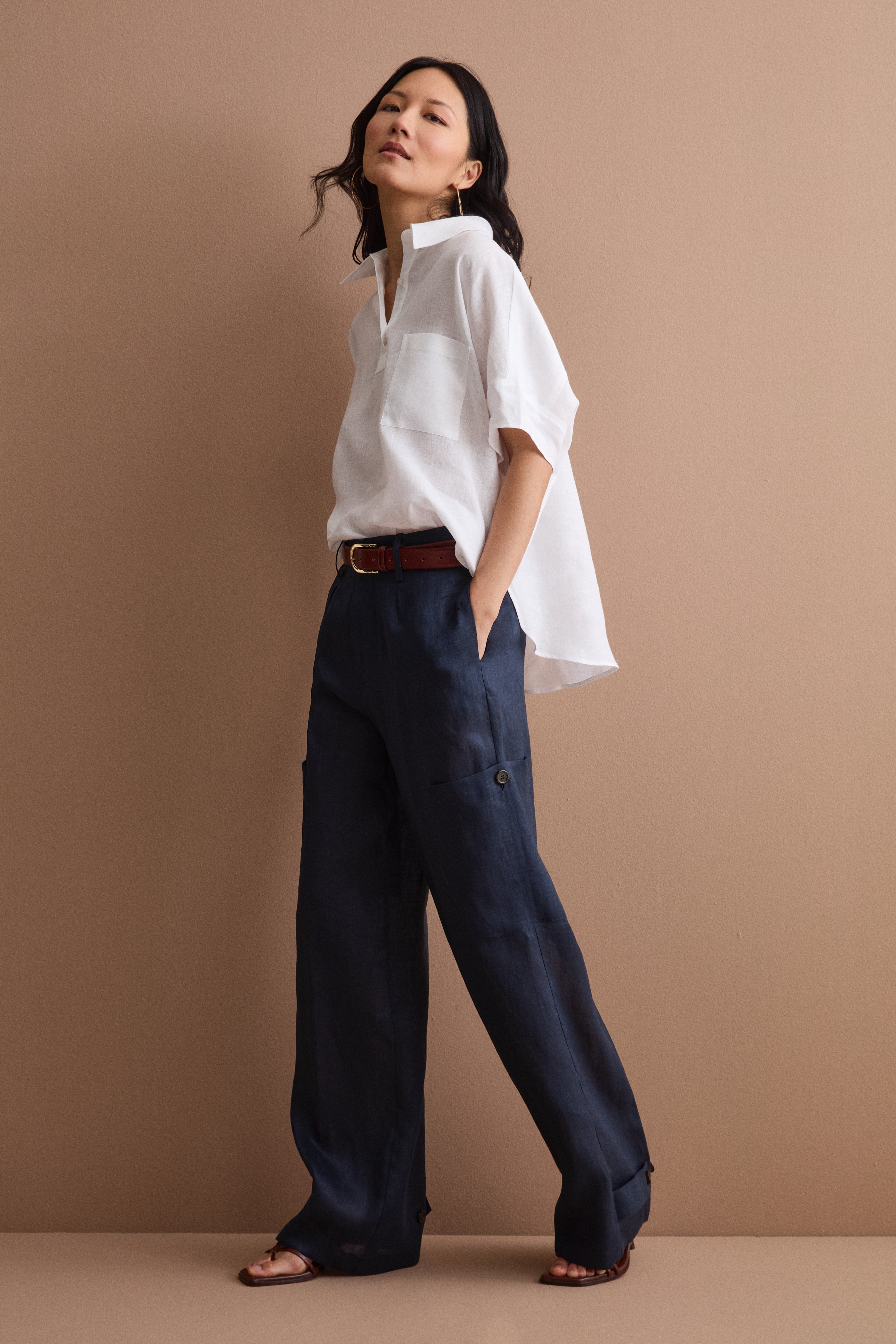 Oversize-Polohemd aus Leinen mit Brusttasche - WEISS