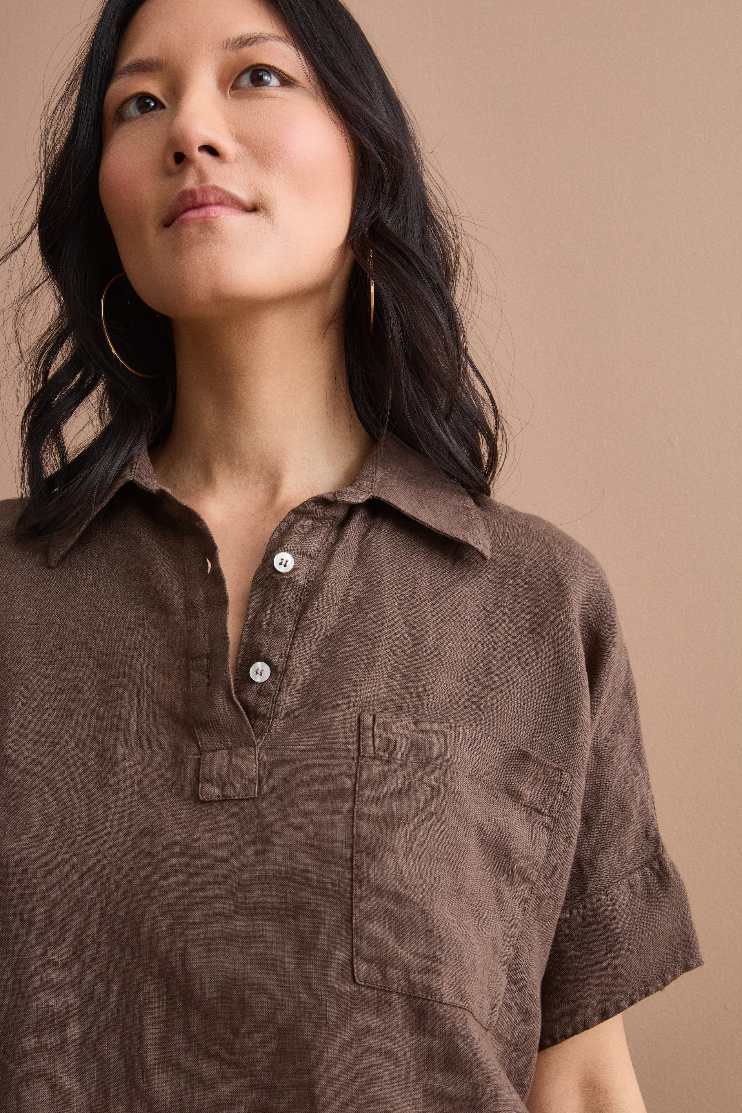 Polo oversize en lin avec poche poitrine - Marron foncé