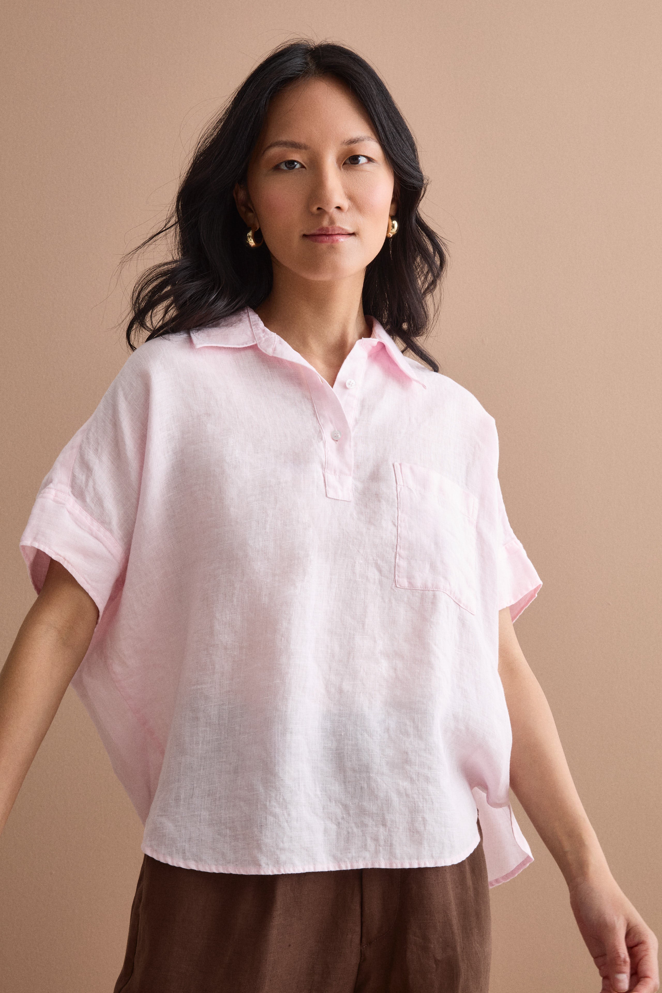 Polo oversize en lin avec poche poitrine - Rose