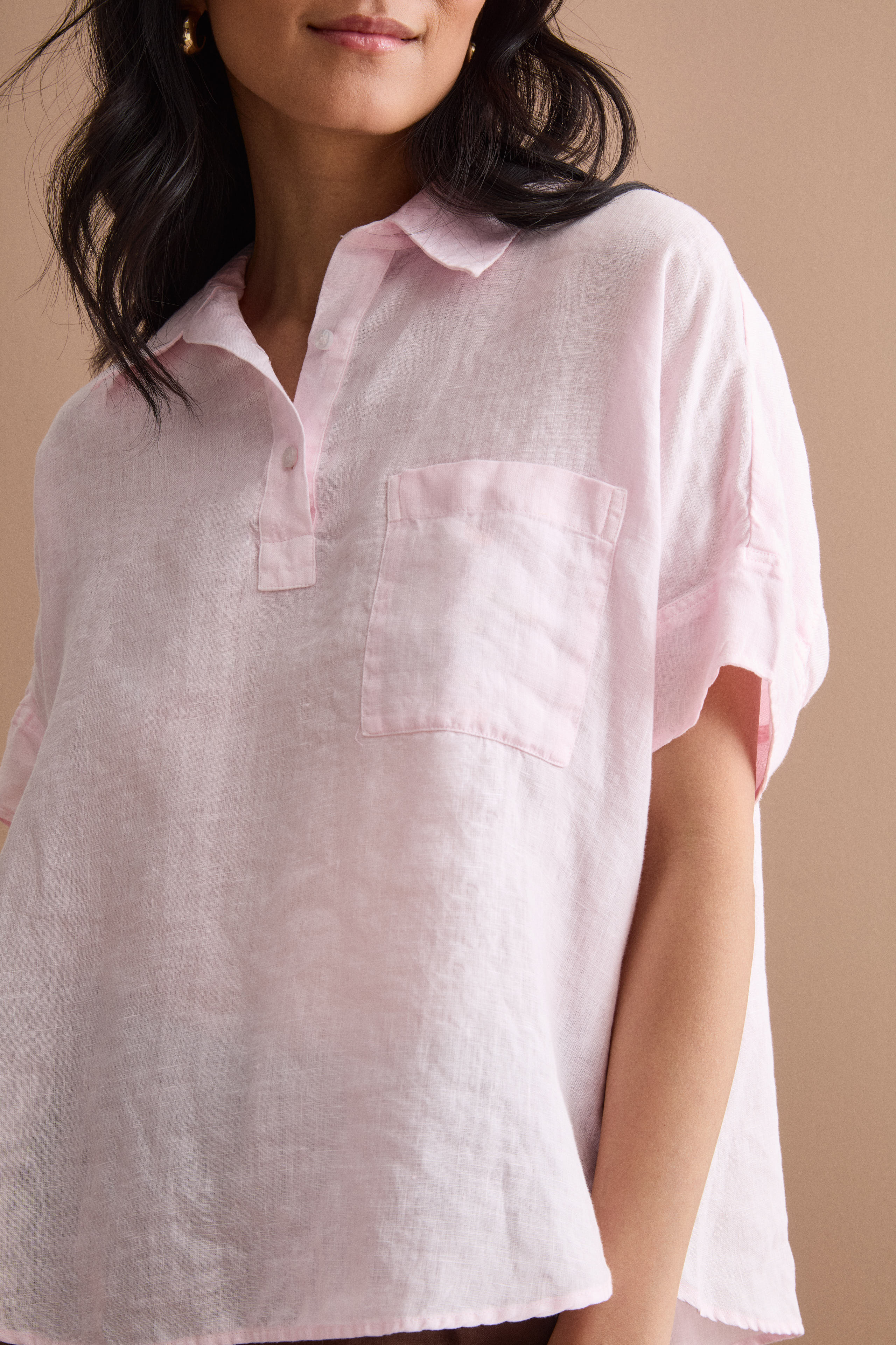 Polo oversize en lin avec poche poitrine - Rose