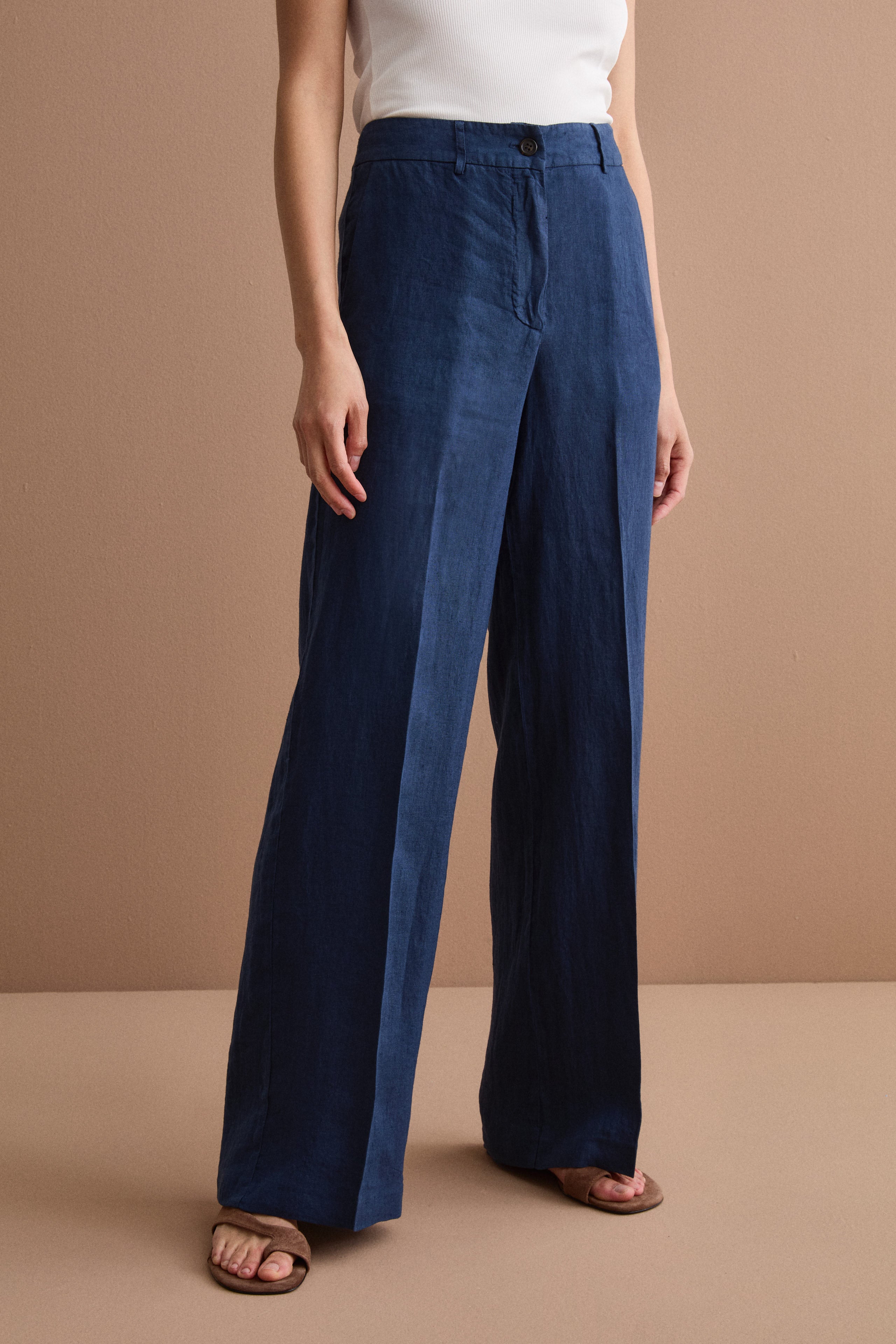 Wide-Leg Linen Trousers - Navy blue