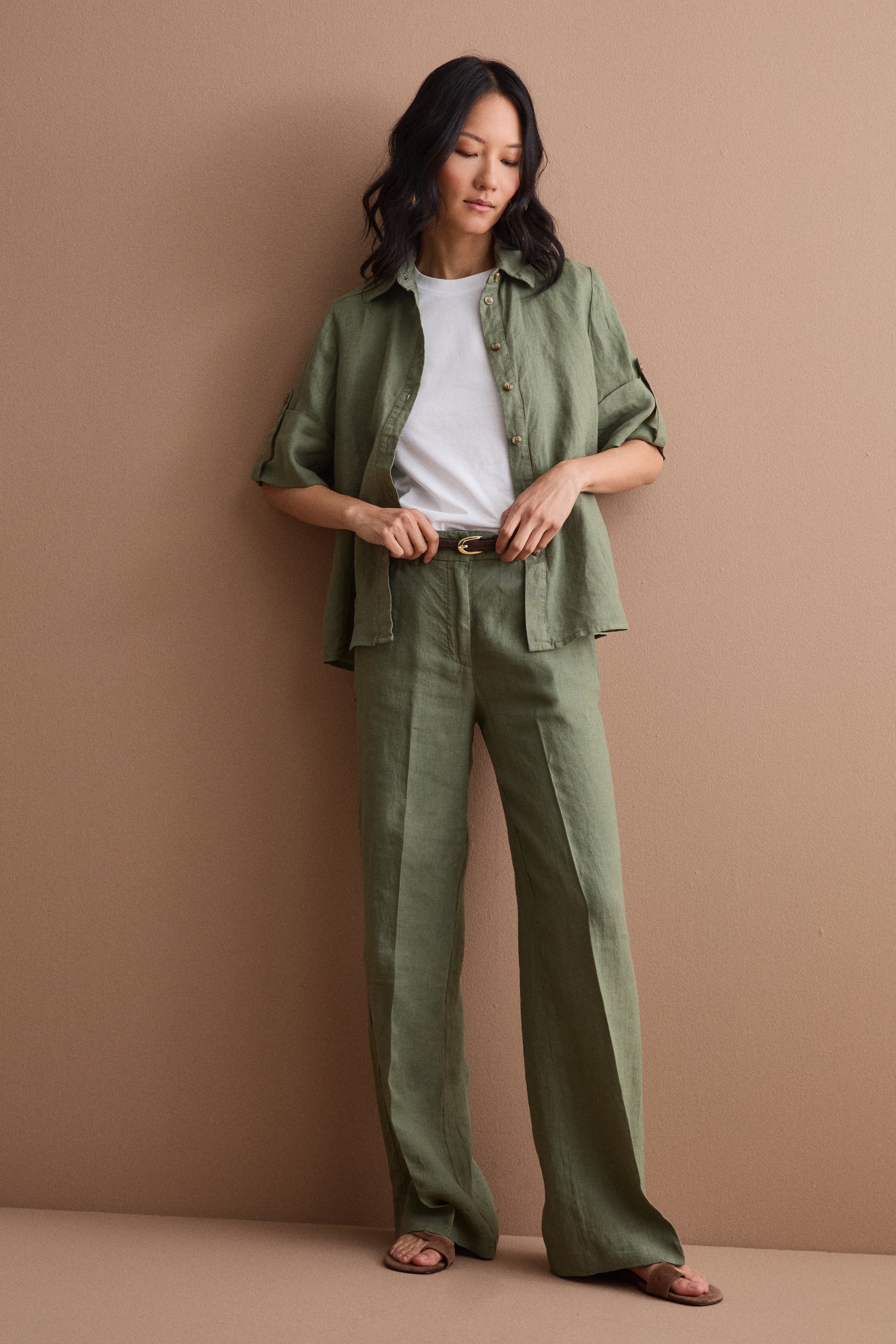 Wide-Leg-Hose aus Leinen - Militärgrün
