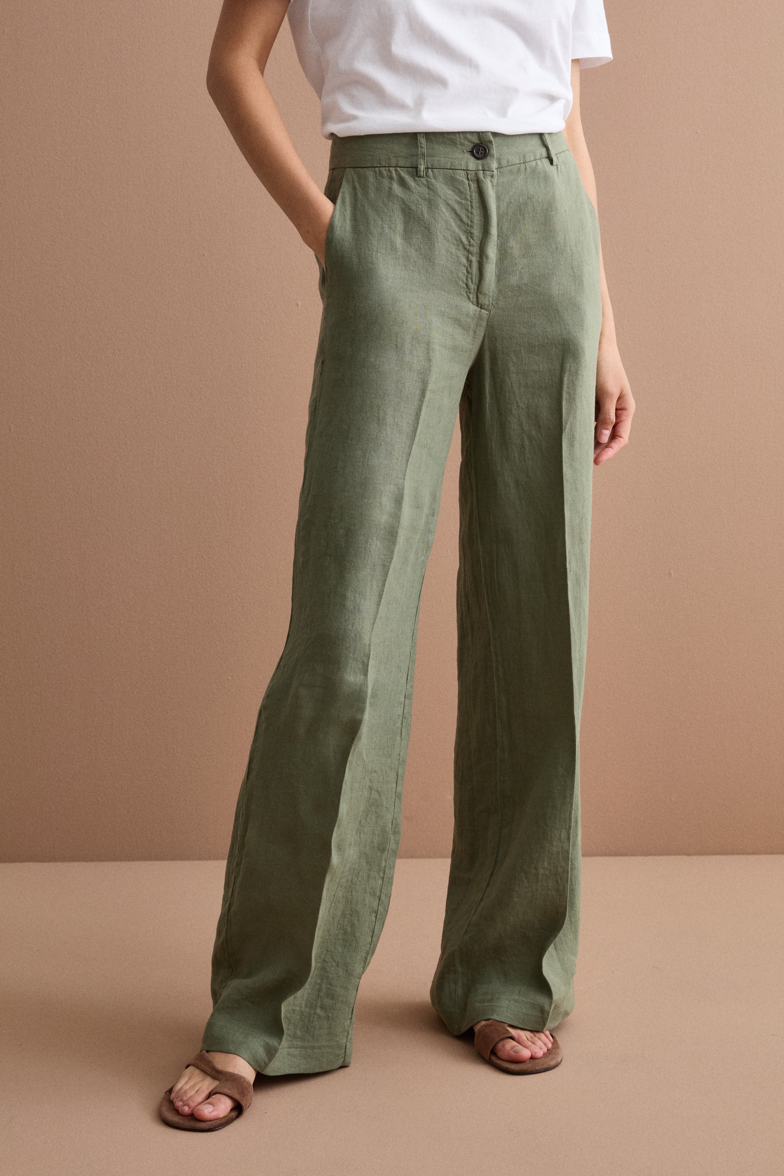 Wide-Leg Linen Trousers - Military green