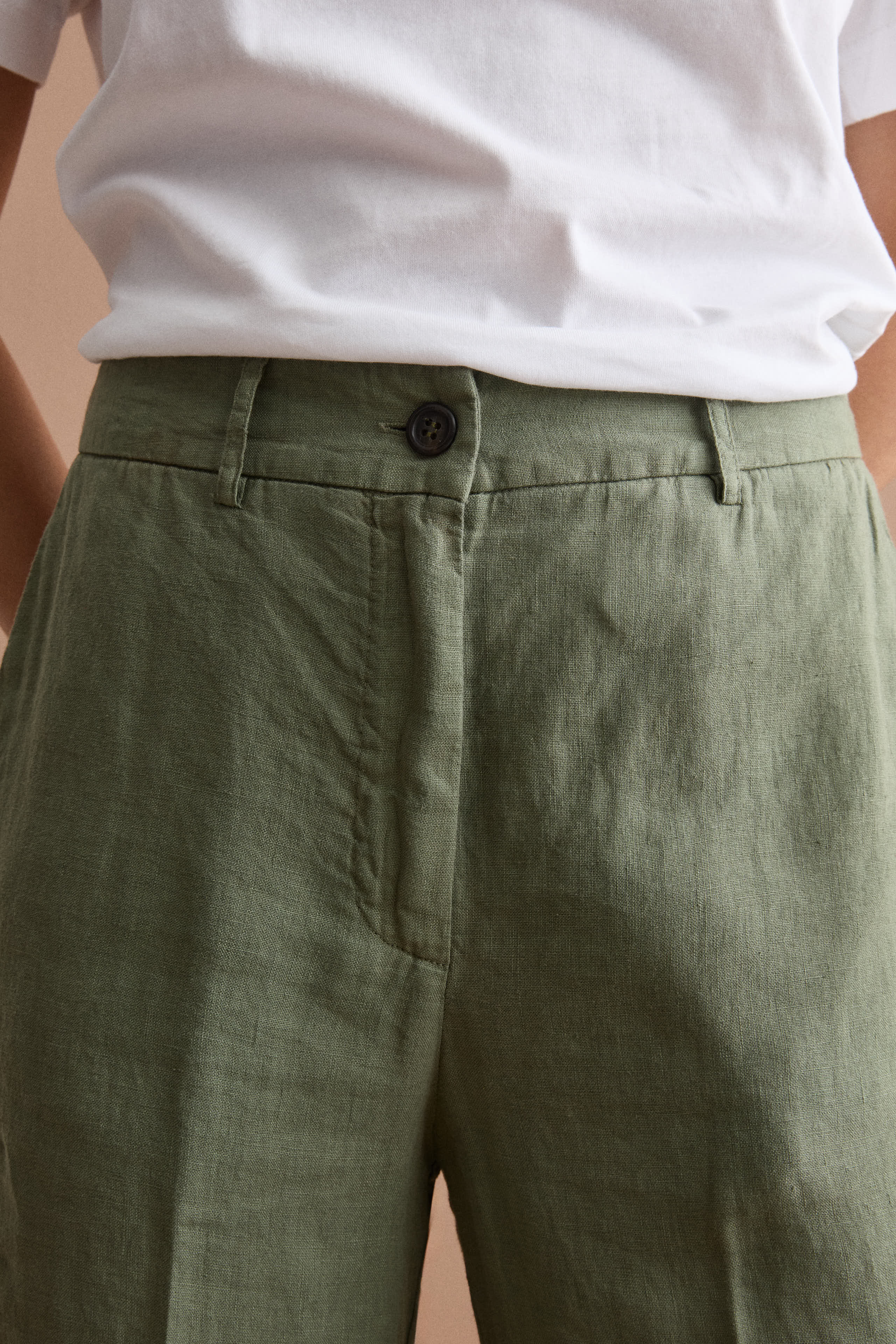 Wide-Leg Linen Trousers - Military green