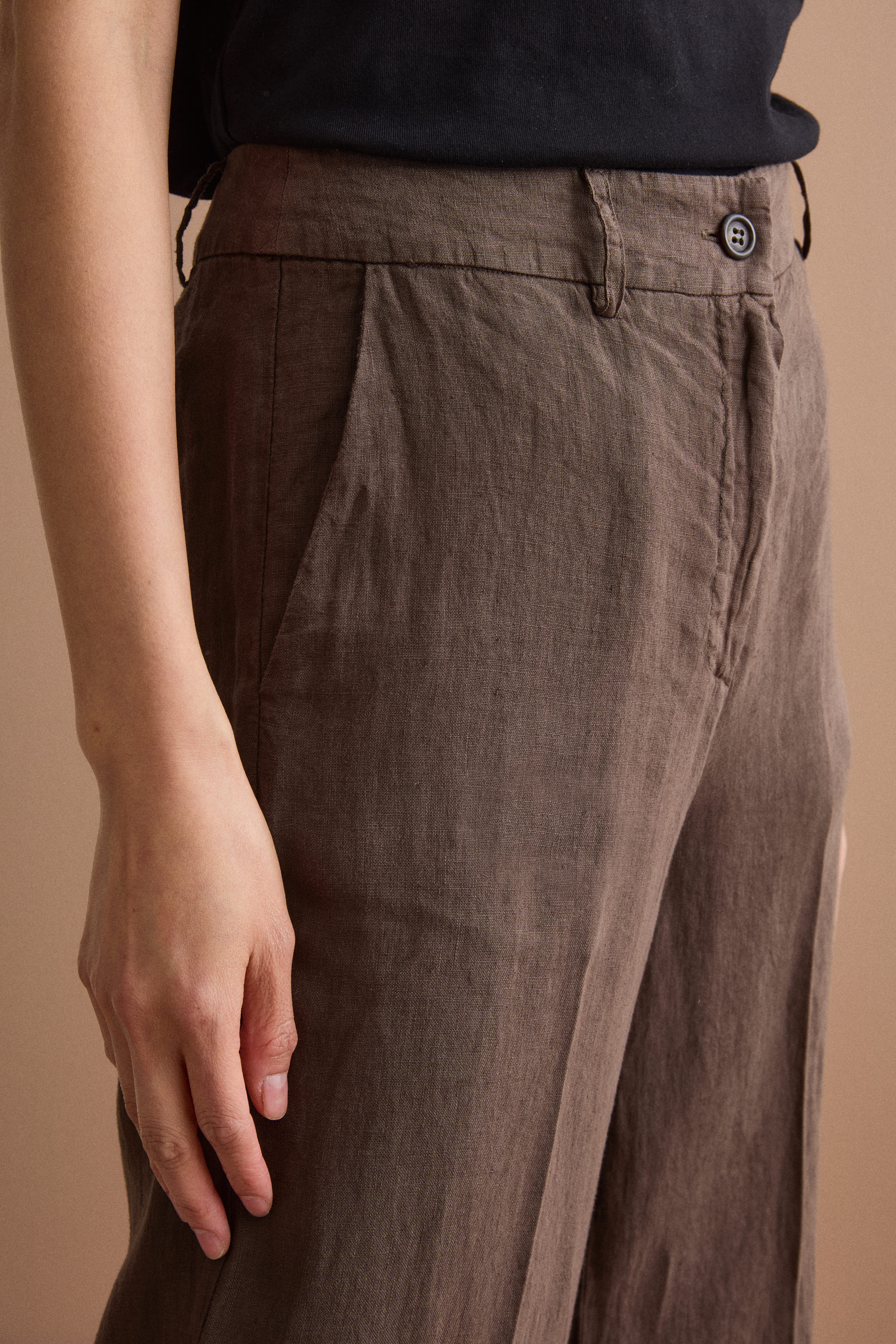 Wide-Leg Linen Trousers - Dark brown