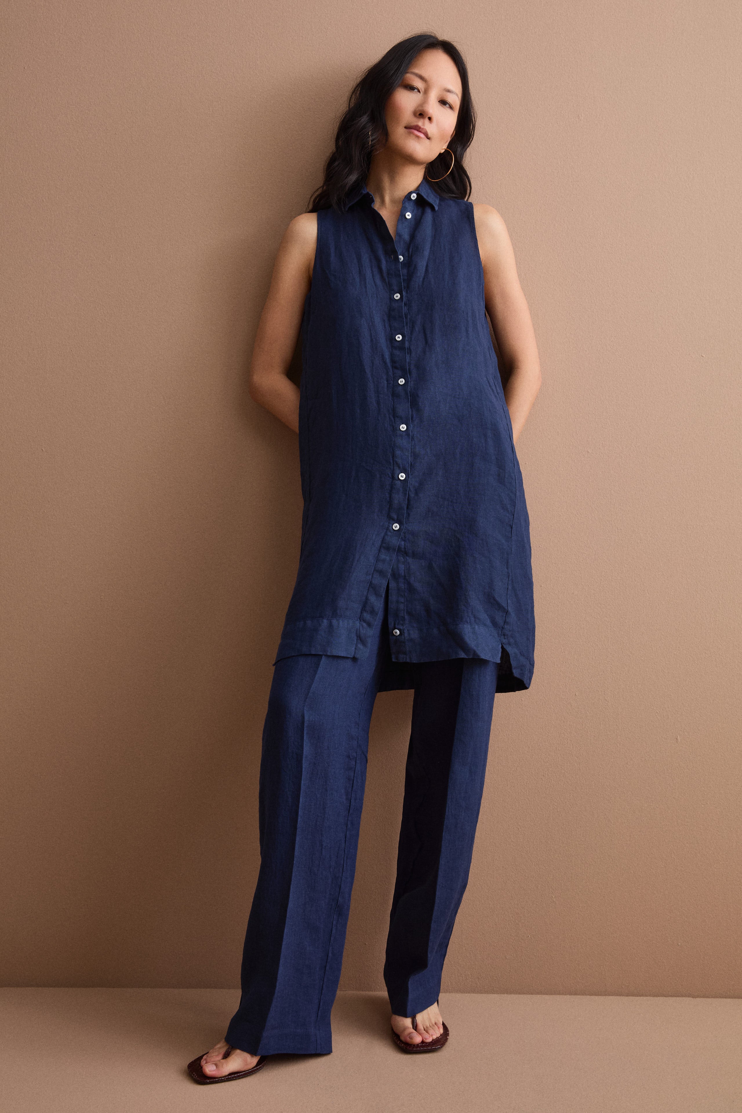 Weite Leinenhose mit Bundfalten - Marineblau