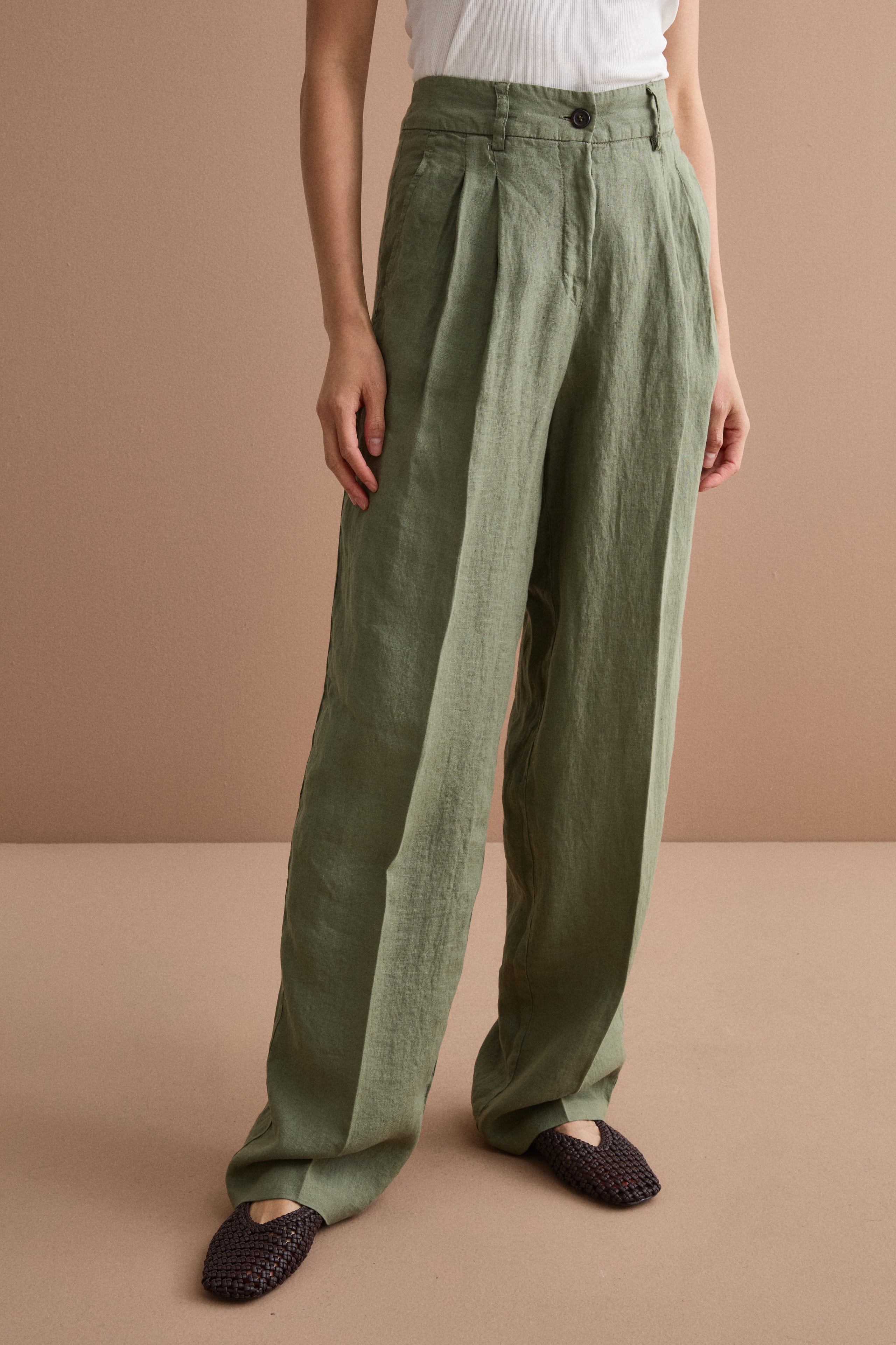 Wide-Leg Linen Trousers with Pleats - Military green