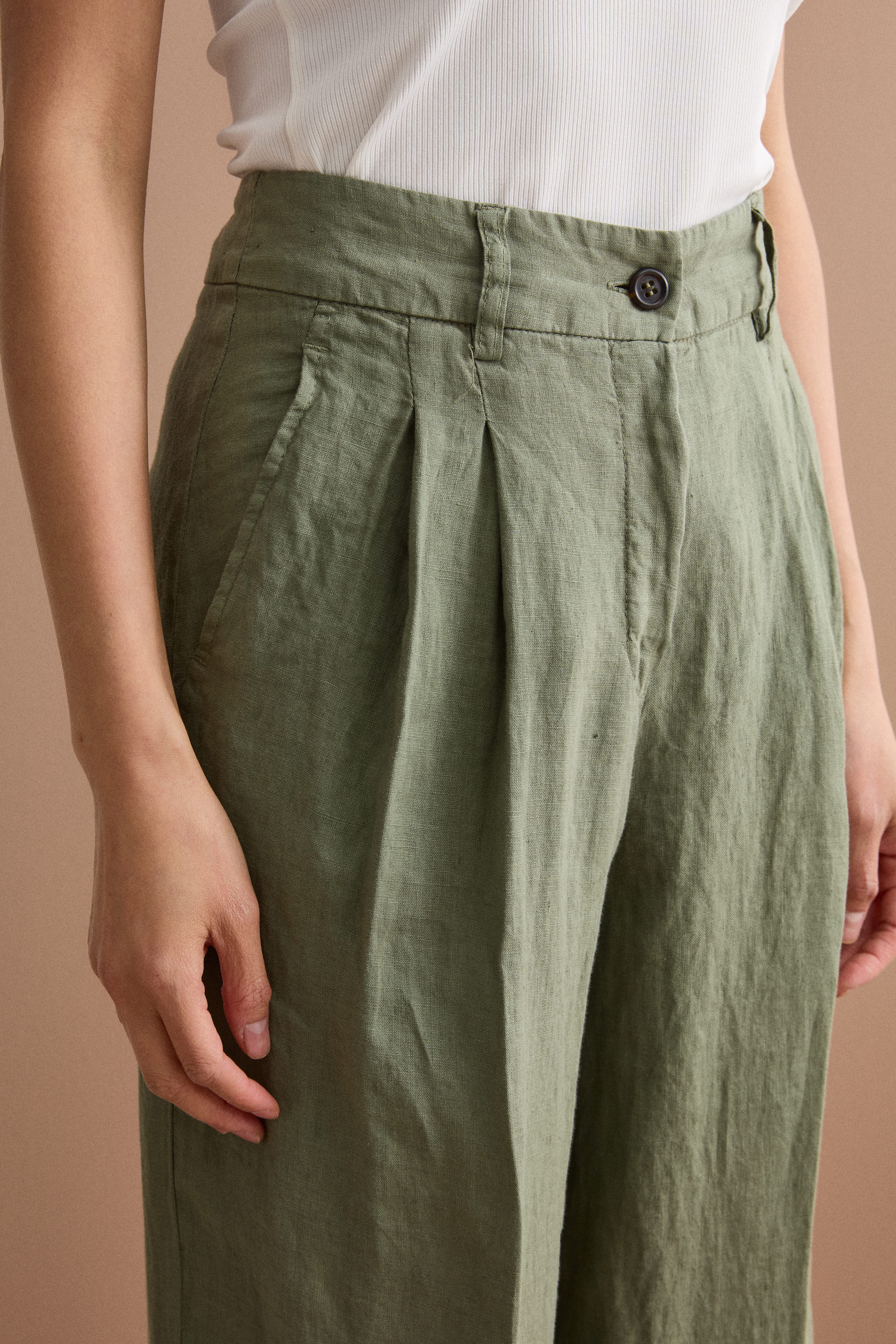 Wide-Leg Linen Trousers with Pleats - Military green
