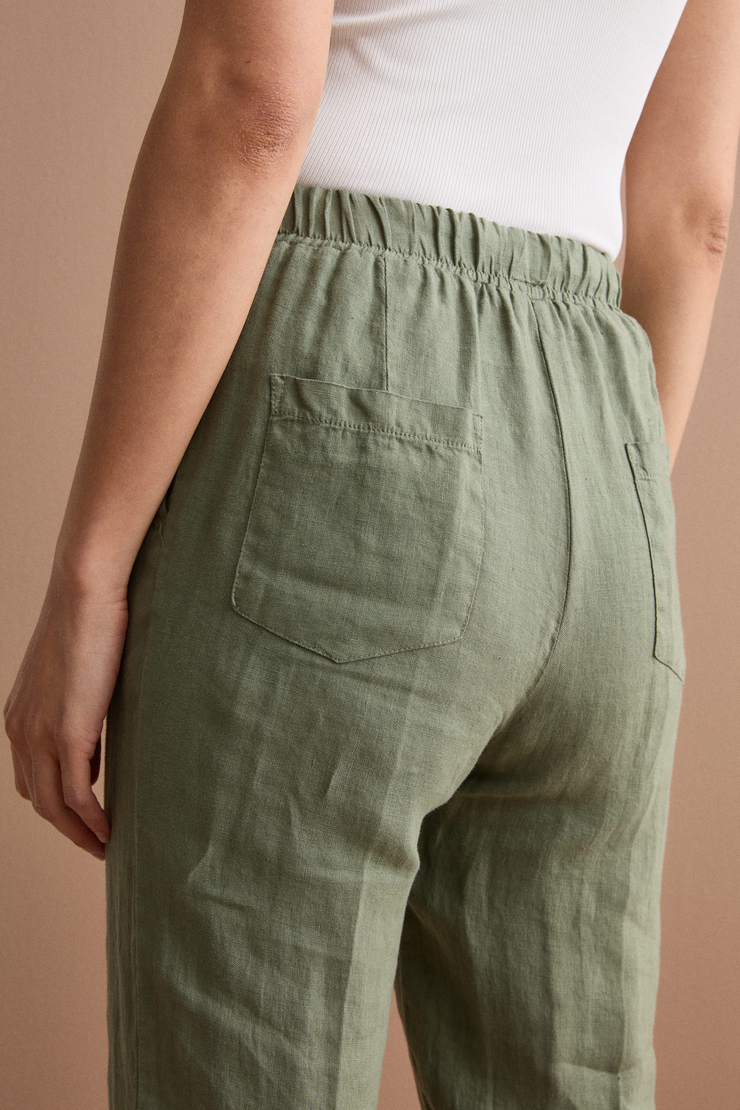 Cigarette-Leg Linen Trousers with Turn-Up Hem - Military green