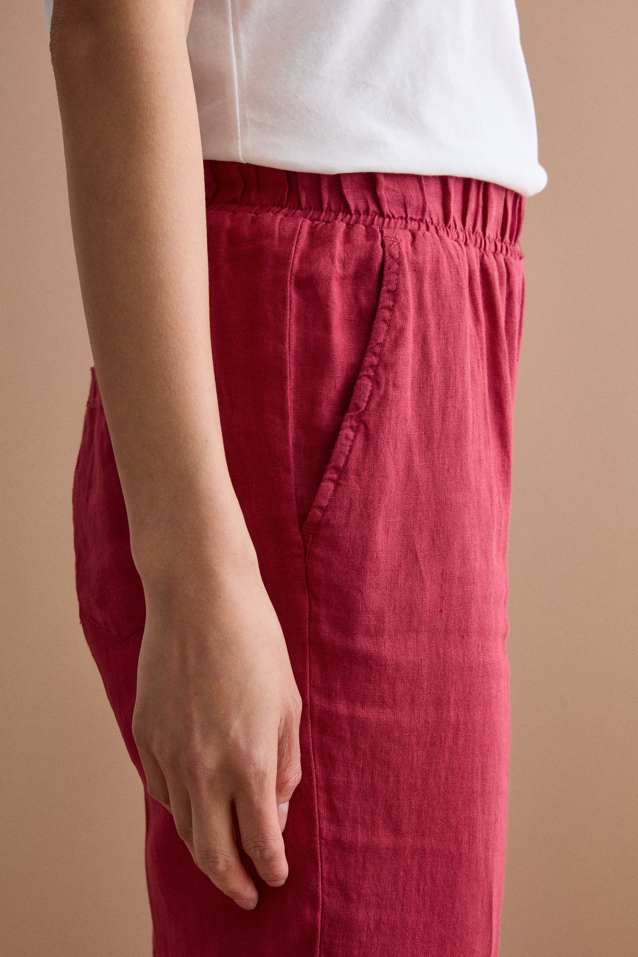 Cigarette-Leg Linen Trousers with Turn-Up Hem - Burgundy