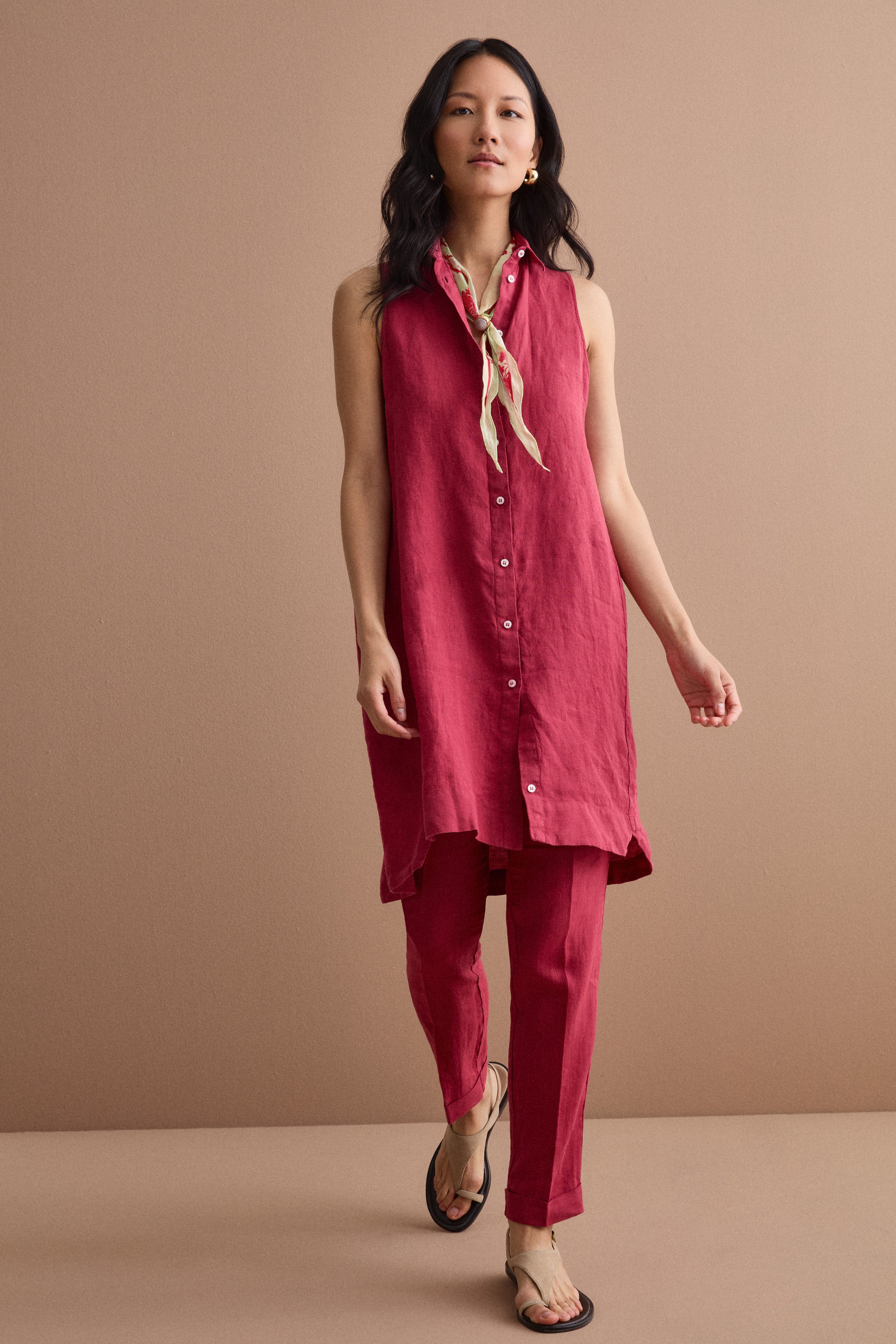 Sleeveless Midi Shirt Dress in Linen - Burgundy