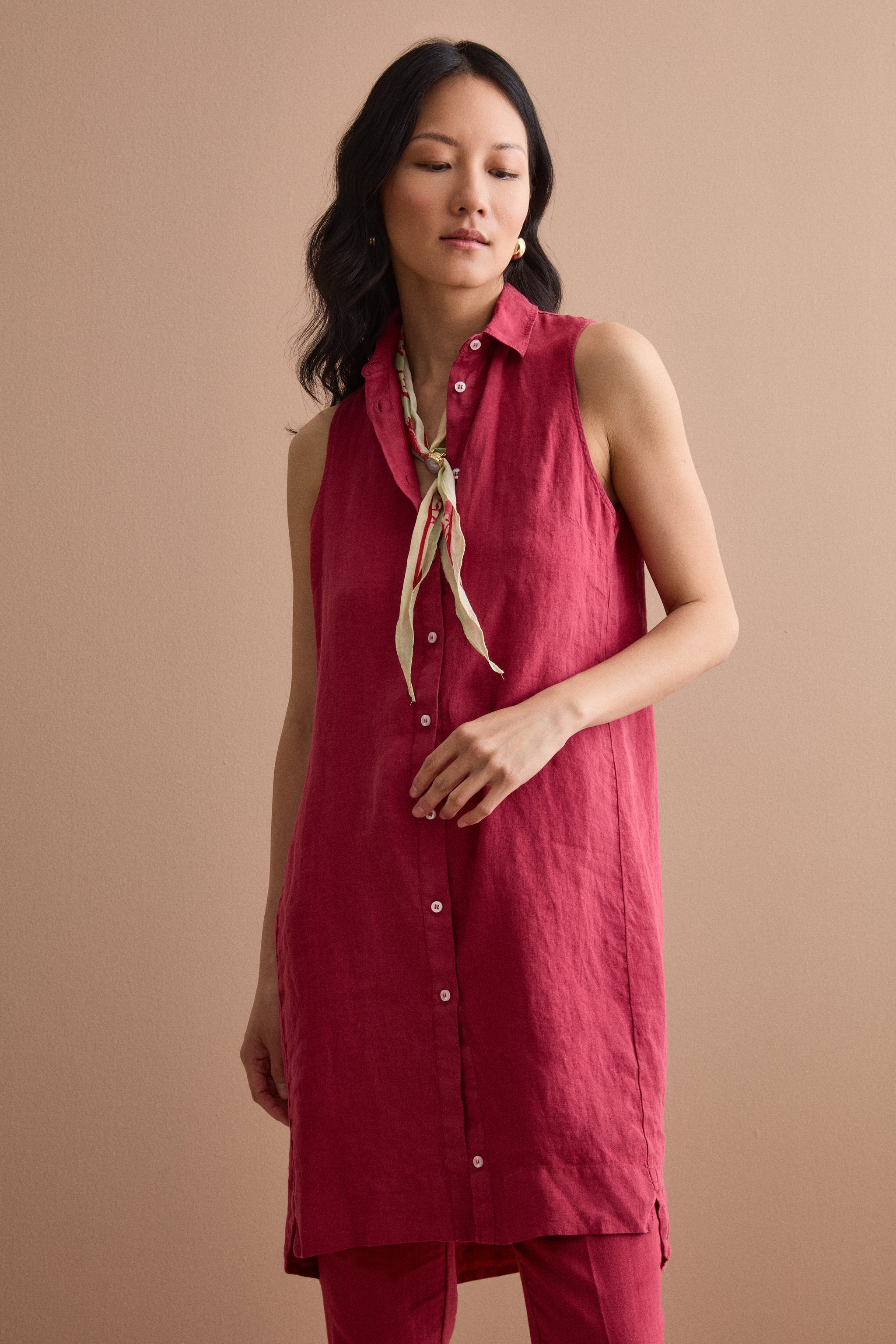 Sleeveless Midi Shirt Dress in Linen