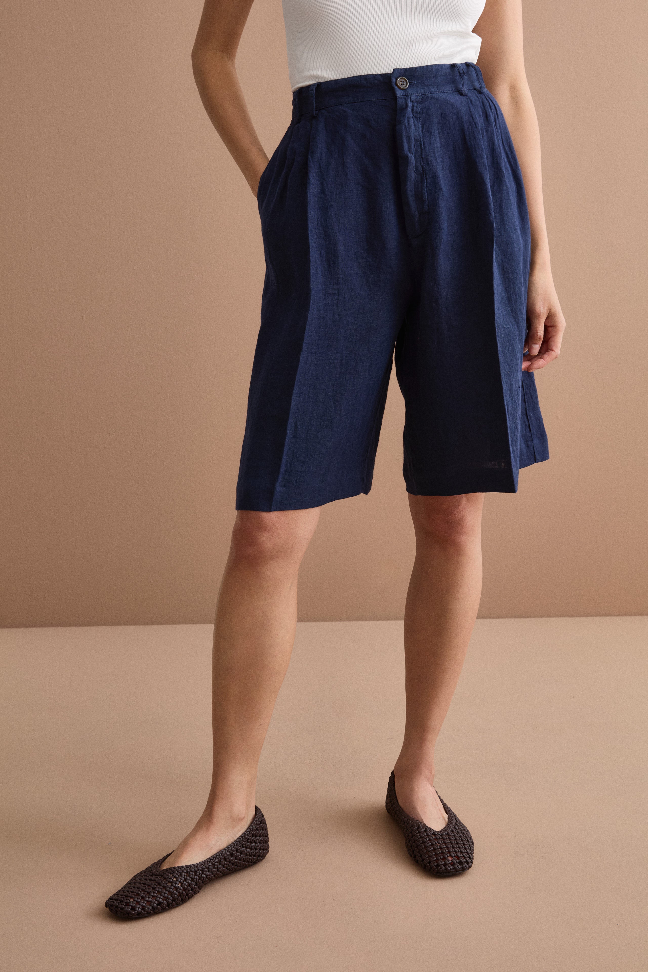 Jorts en lin à pinces - Bleu marine