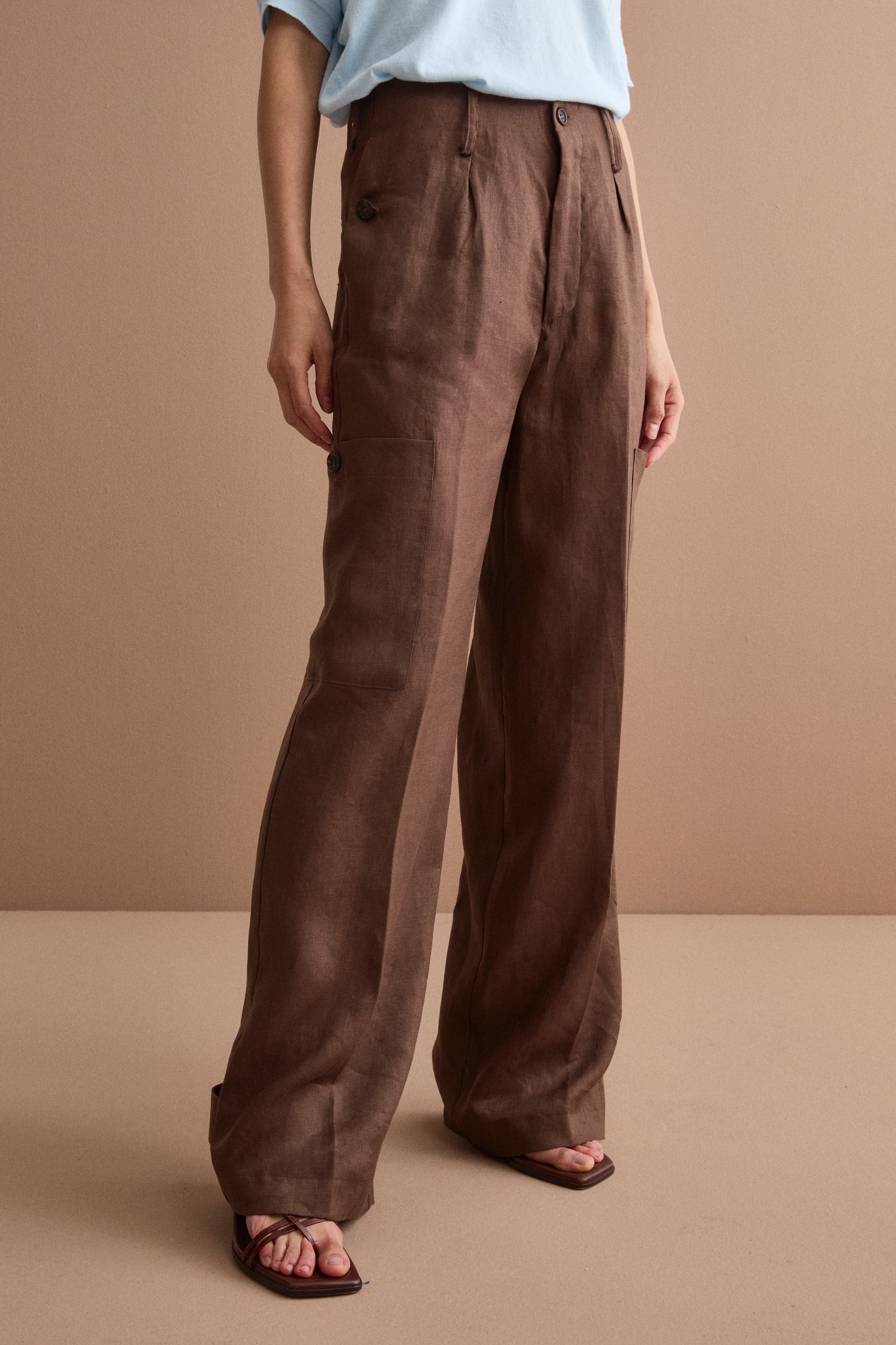 Cargo Linen Trousers with Pleats - Dark brown
