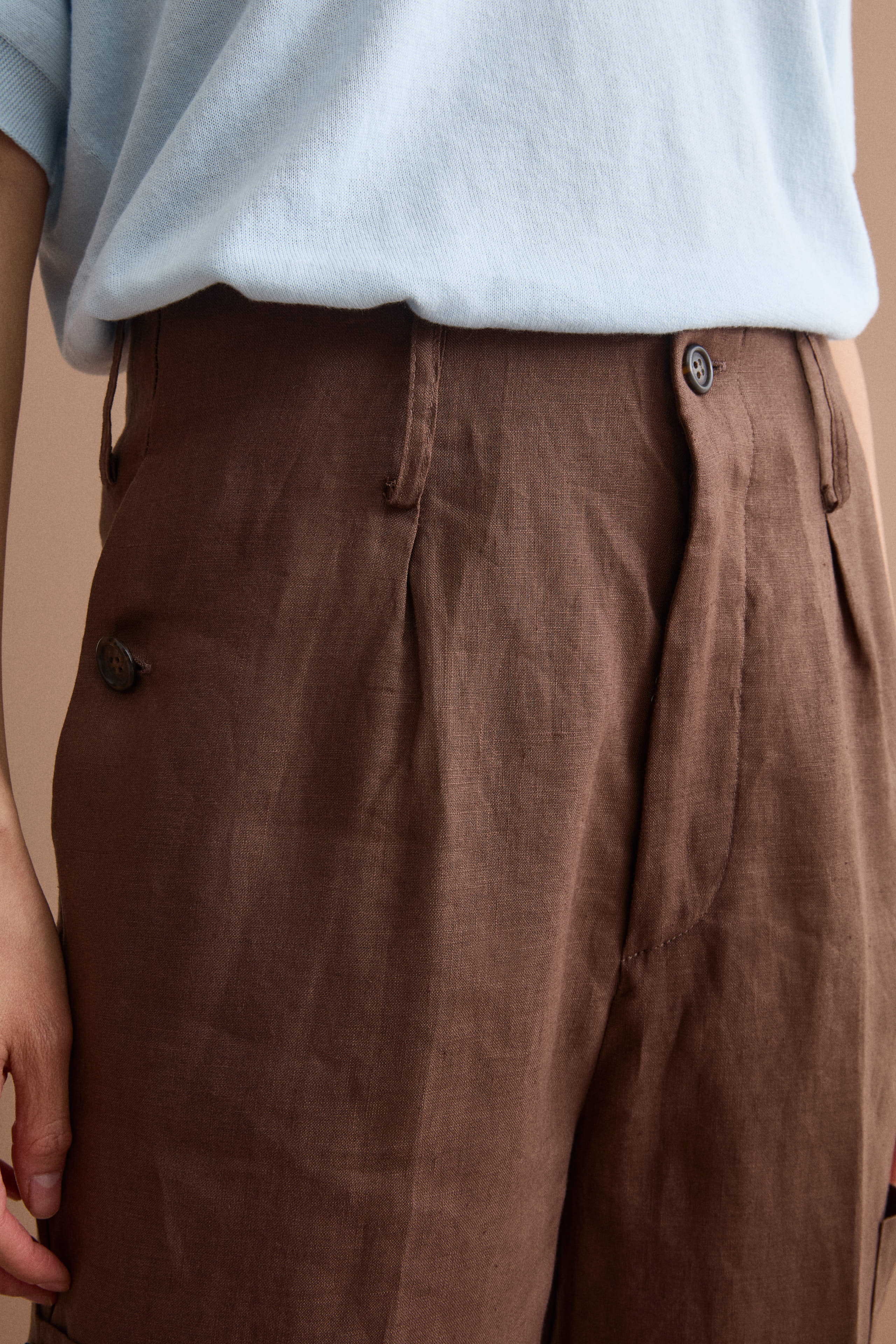Cargo Linen Trousers with Pleats - Dark brown