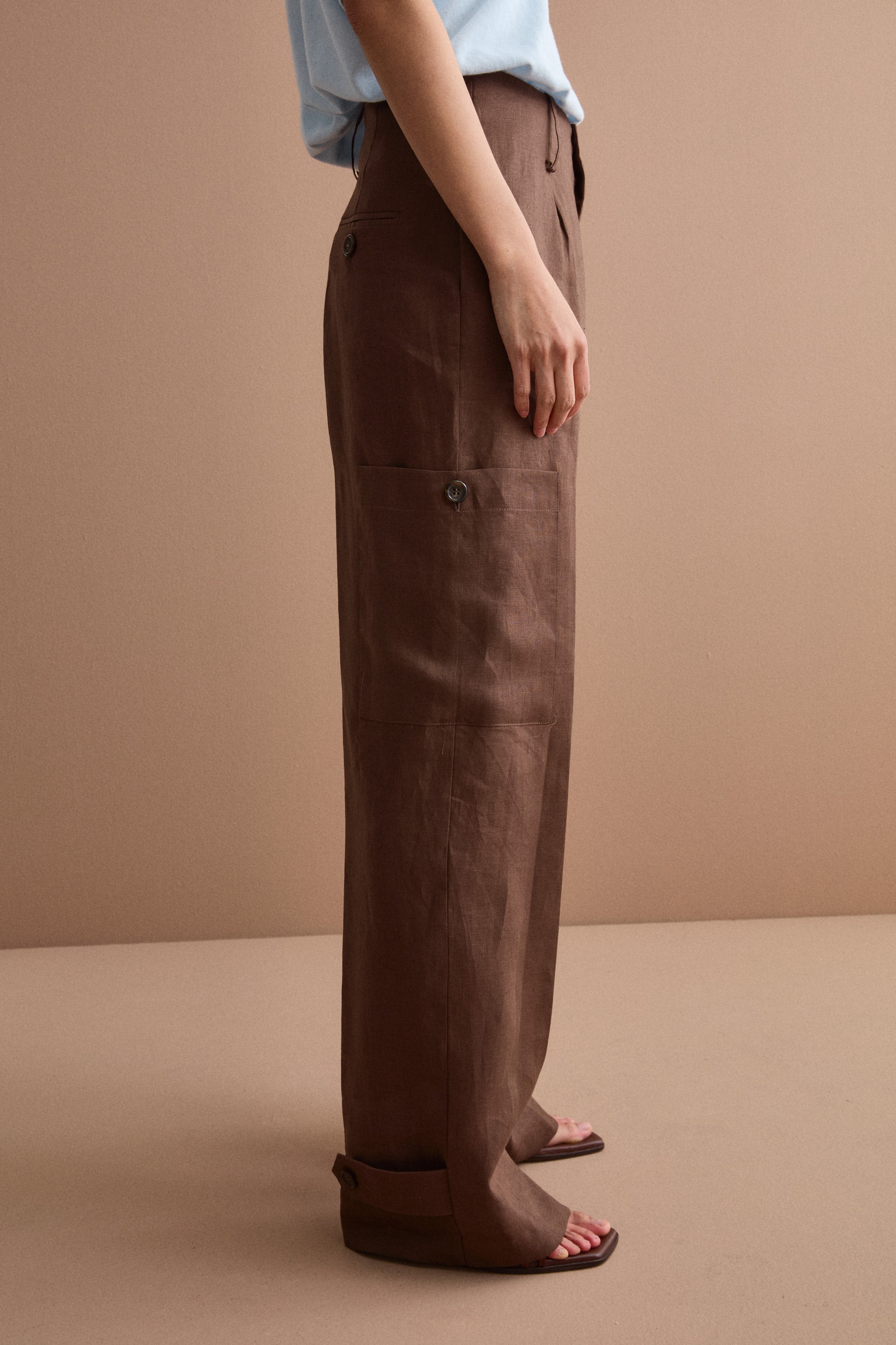 Cargo Linen Trousers with Pleats - Dark brown