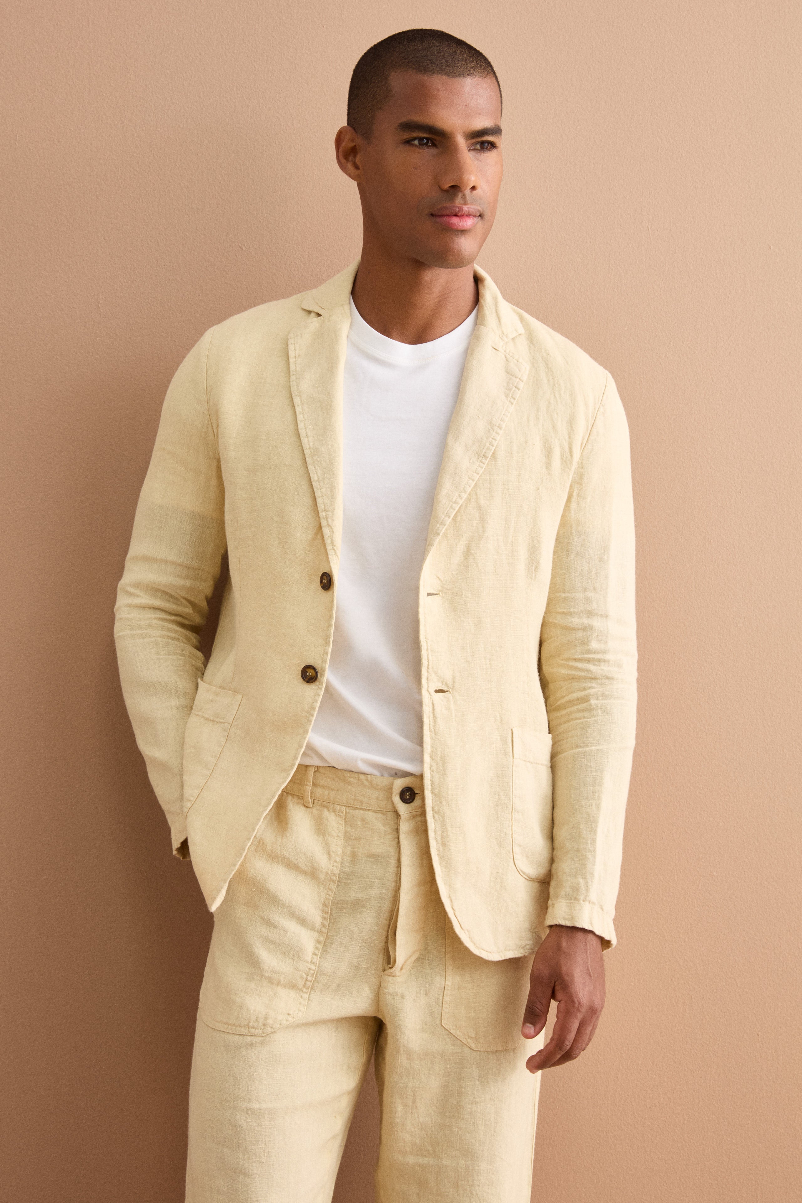 Unlined Regular Fit Linen Jacket - Sand brown