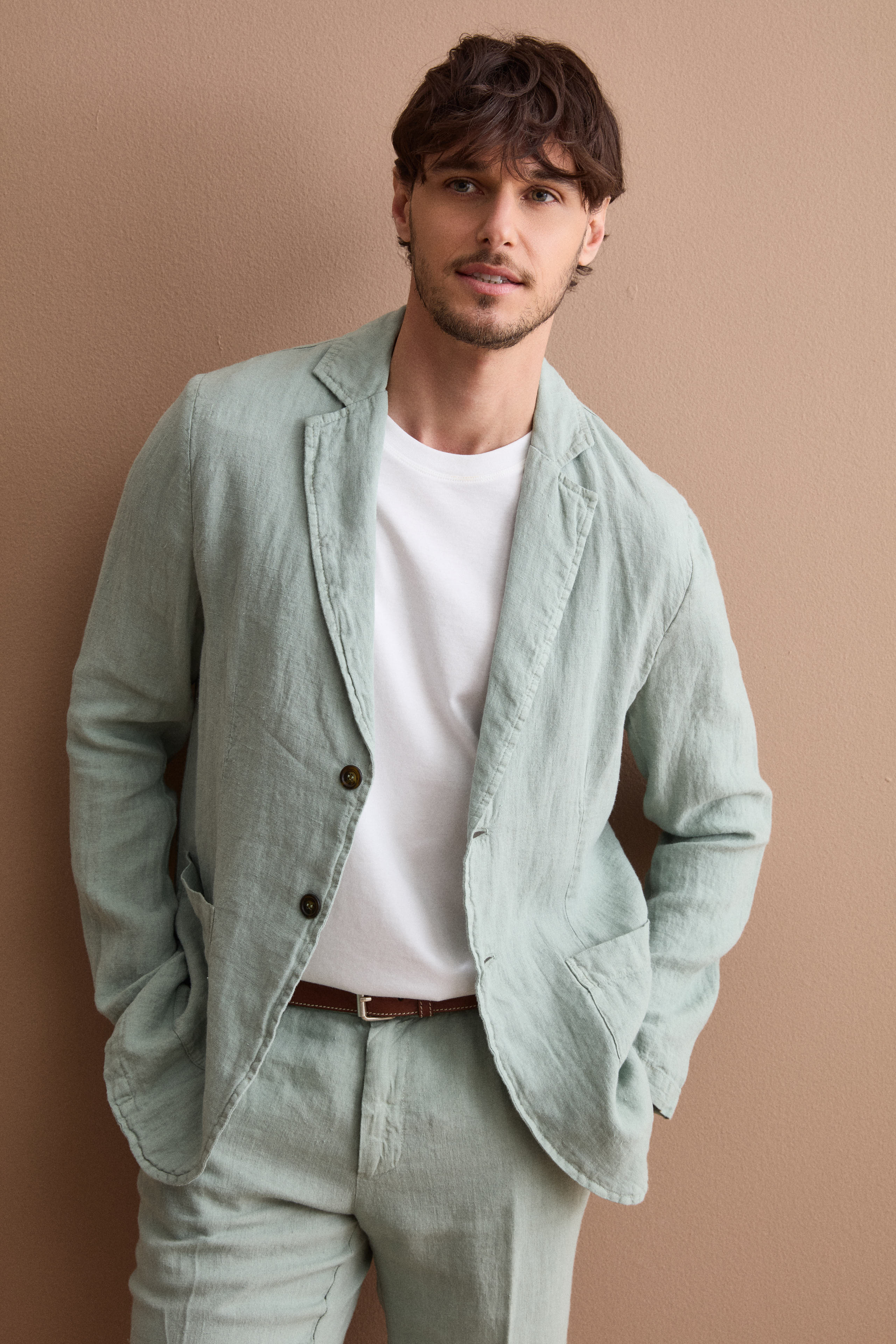 Unlined Regular Fit Linen Jacket - GREEN