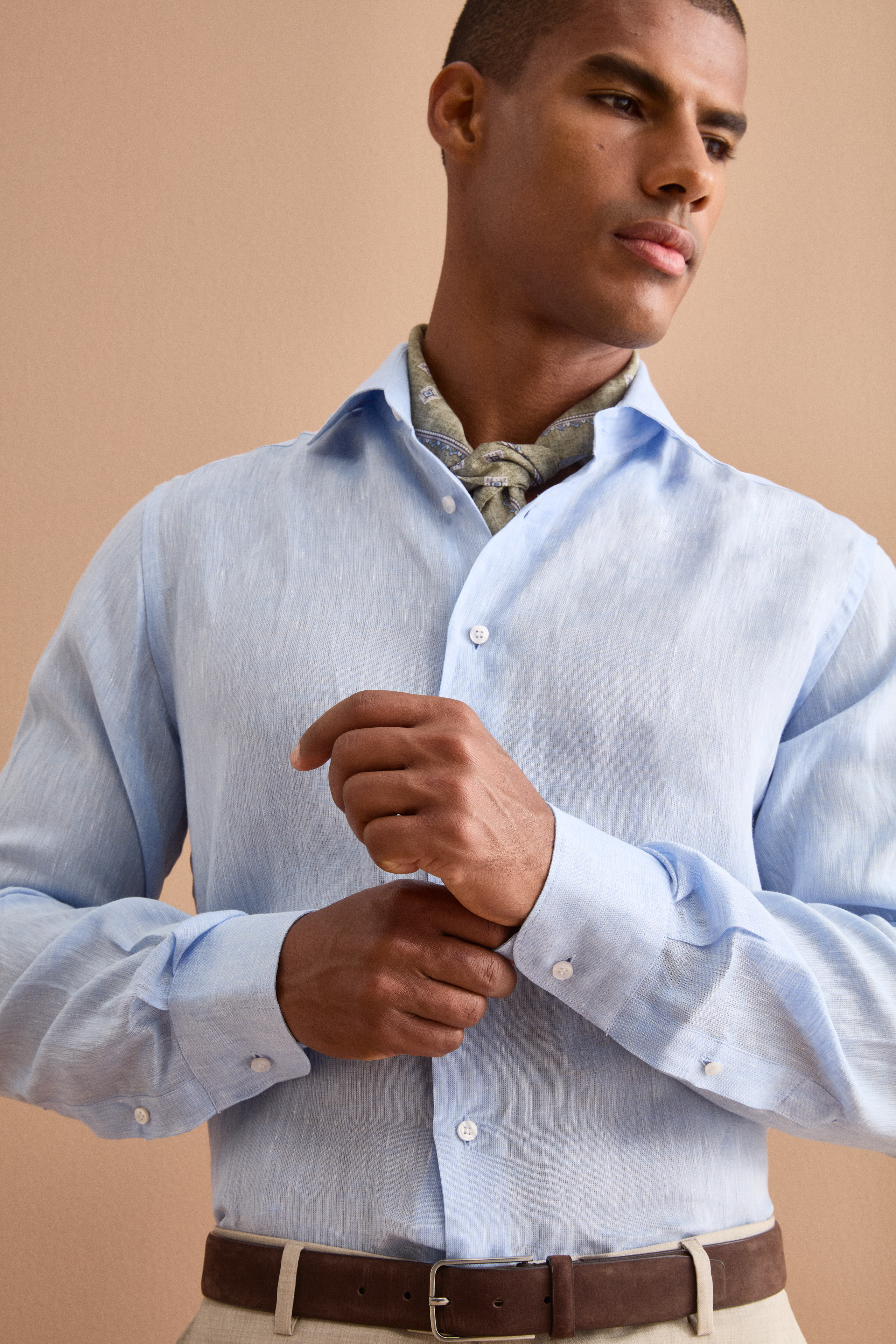 Regular Fit Linen Shirt with French Collar - Light blue