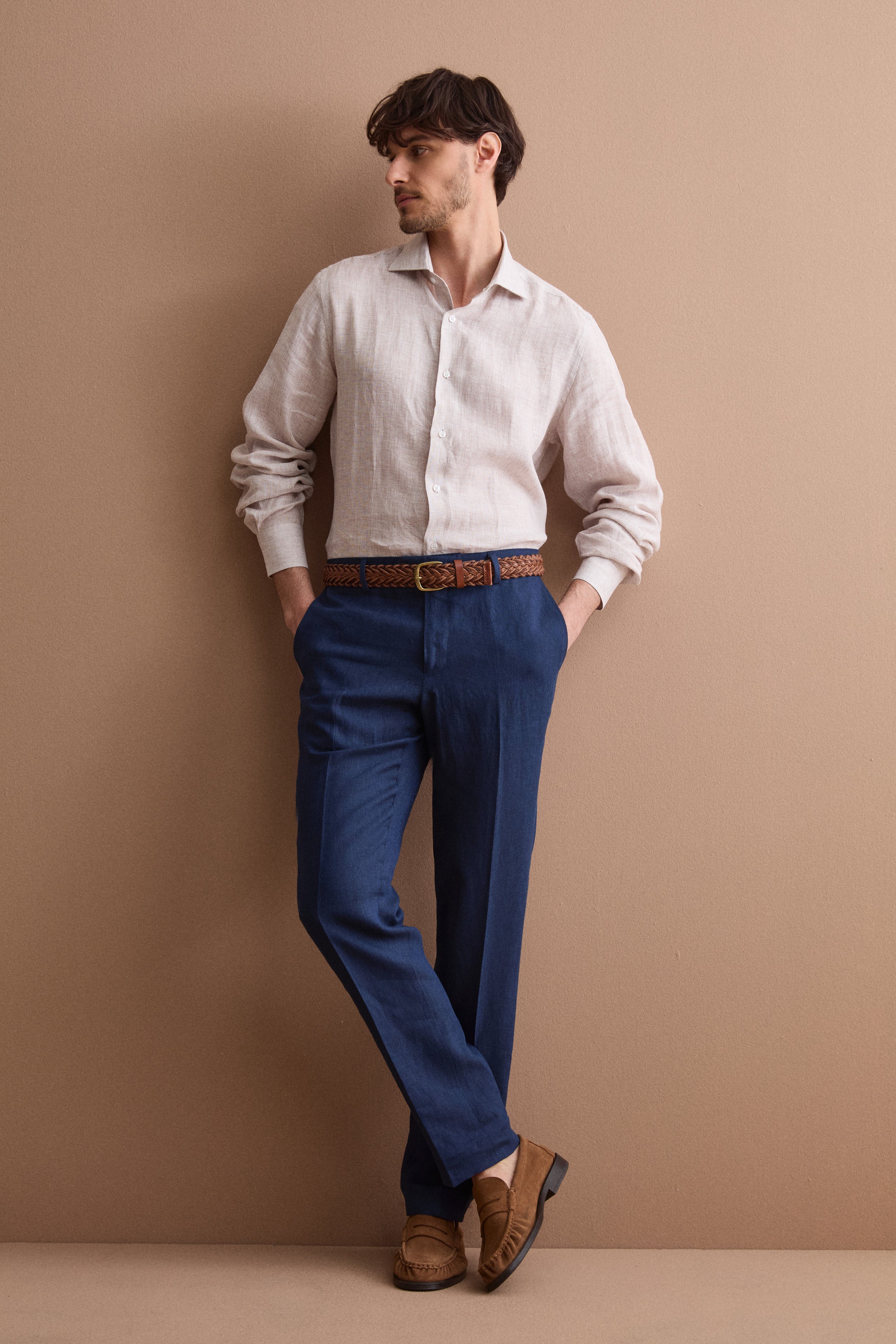 Men’s casual regular-fit linen shirt -Hazelnut striped