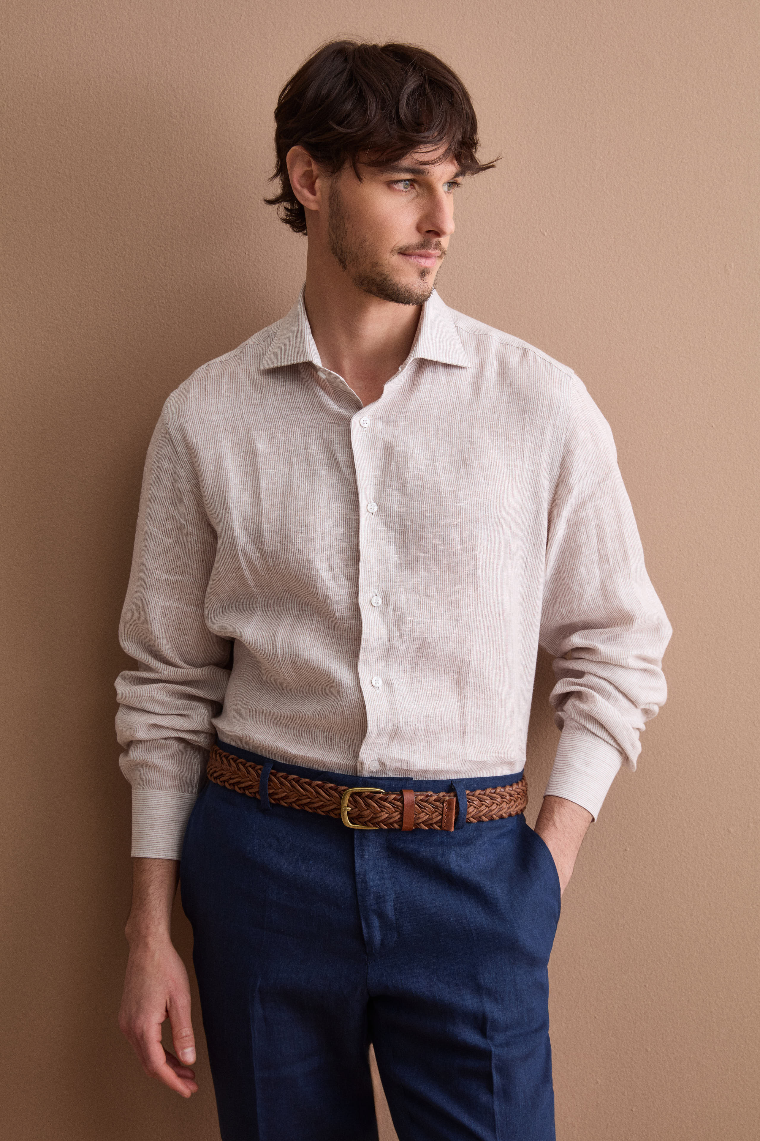Men’s casual regular-fit linen shirt -Hazelnut striped