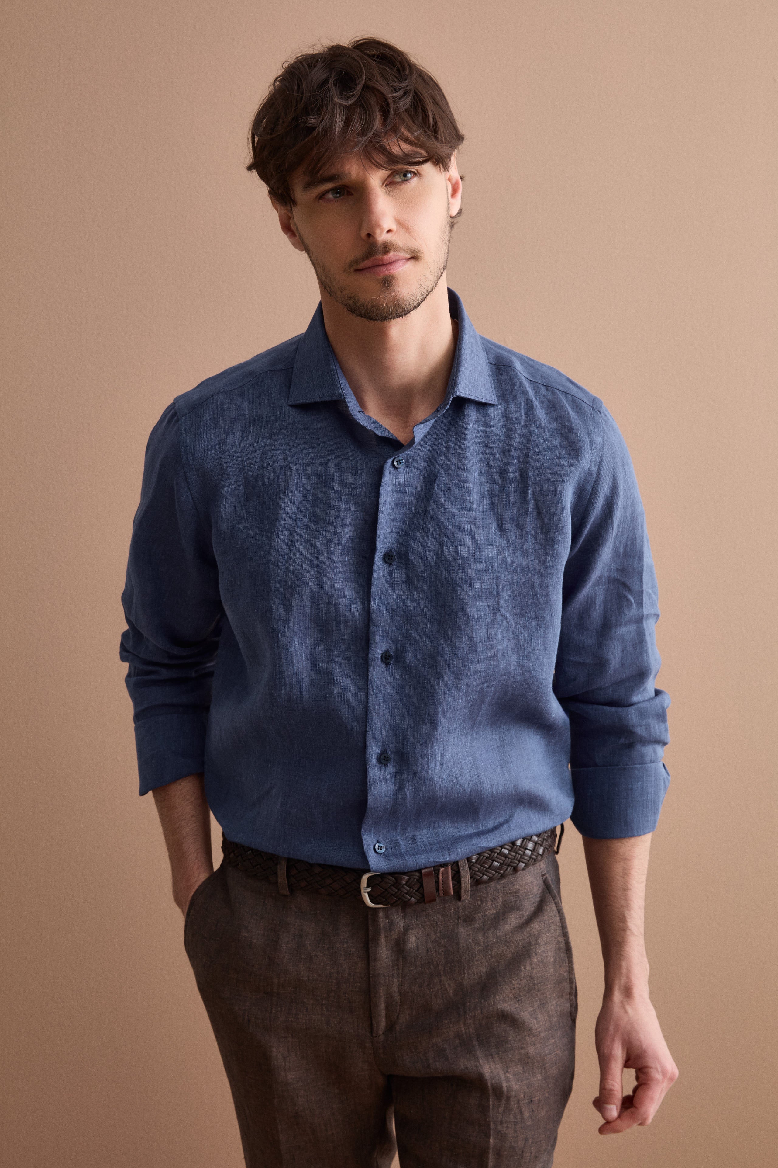 Men’s casual slim-fit linen shirt - BLUE